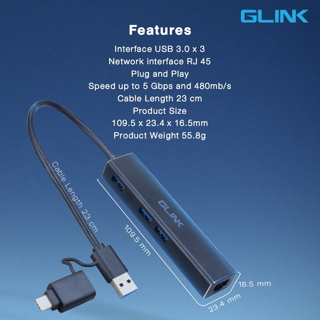 GL-034 GLINK USB3.0 + Type-C Hub+Gigabit ADAPTER SKU-02872