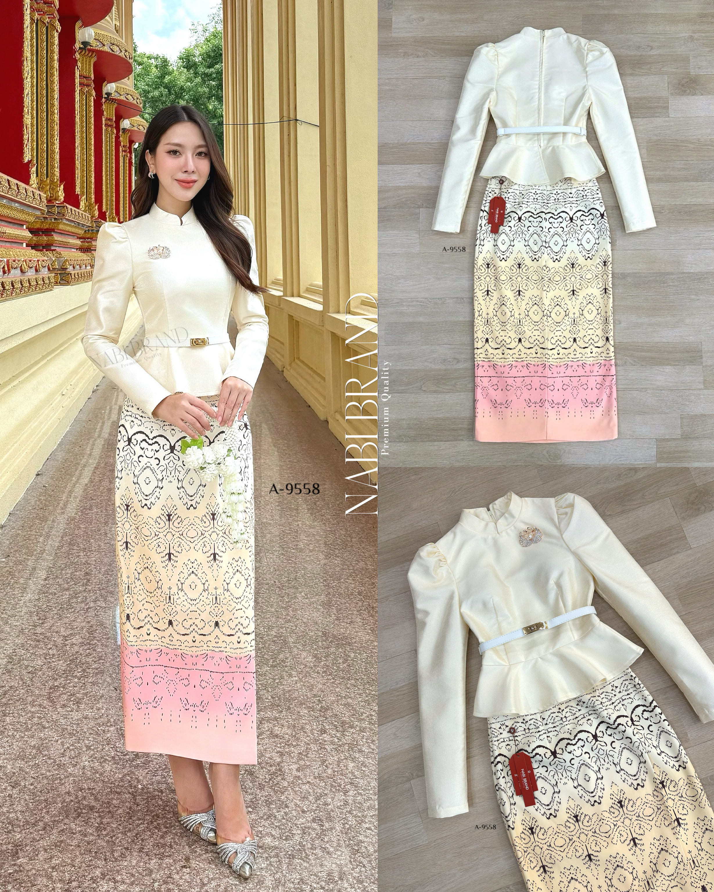 ชุดเซทชุดไทย คอลเลคชั่นใหม่ ที่คุ้มสุด ได้ถึง 4 ชิ้น 👇🏻👇🏻 💛เสื้อผ้าไหมแขนยาวสีครีม ทรงไหล่ตั้ง ปลายเสื้อแบบบาน ซิบหลัง มีซับในและฟองน้ำเสริม 💛กระโปรงพิมพ์ลายไล่เฉดสี ครีม-ชมพู ทรงสอบเข้ารูป แบบซิบหลัง มีซับใ