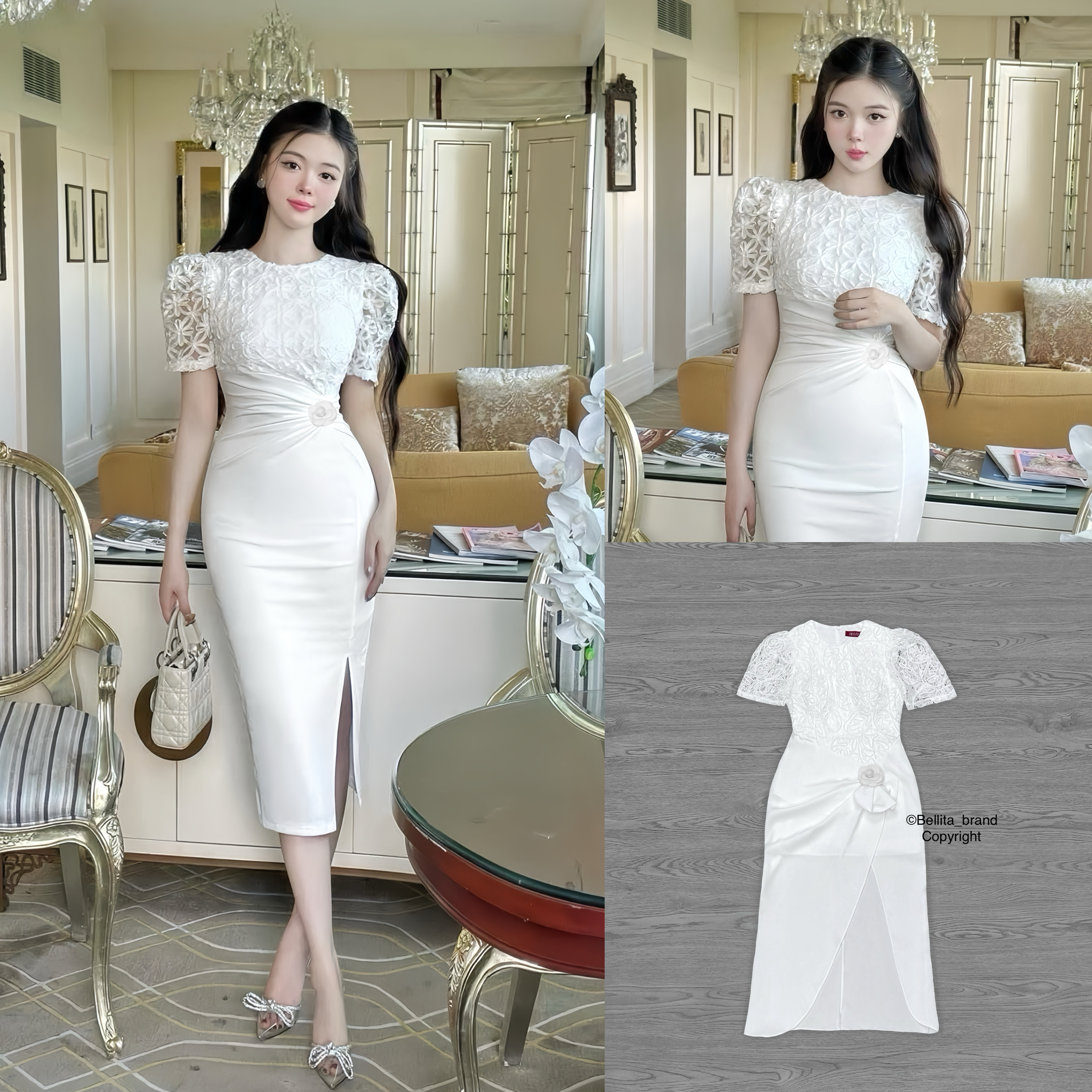 เดรสสีขาวยาวผ้าลูกไม้ ผ้าสวยมากลูกไม้เนื้อนิ่มด้านบน ซิปด้านหลัง คอกลม แขนสั้น มีซับในขาว อกและเอวเข้ารูปสวย กระโปรงแต่งดอกกุหลาบแหวกข้าง ชุดทำบุญงามมาก