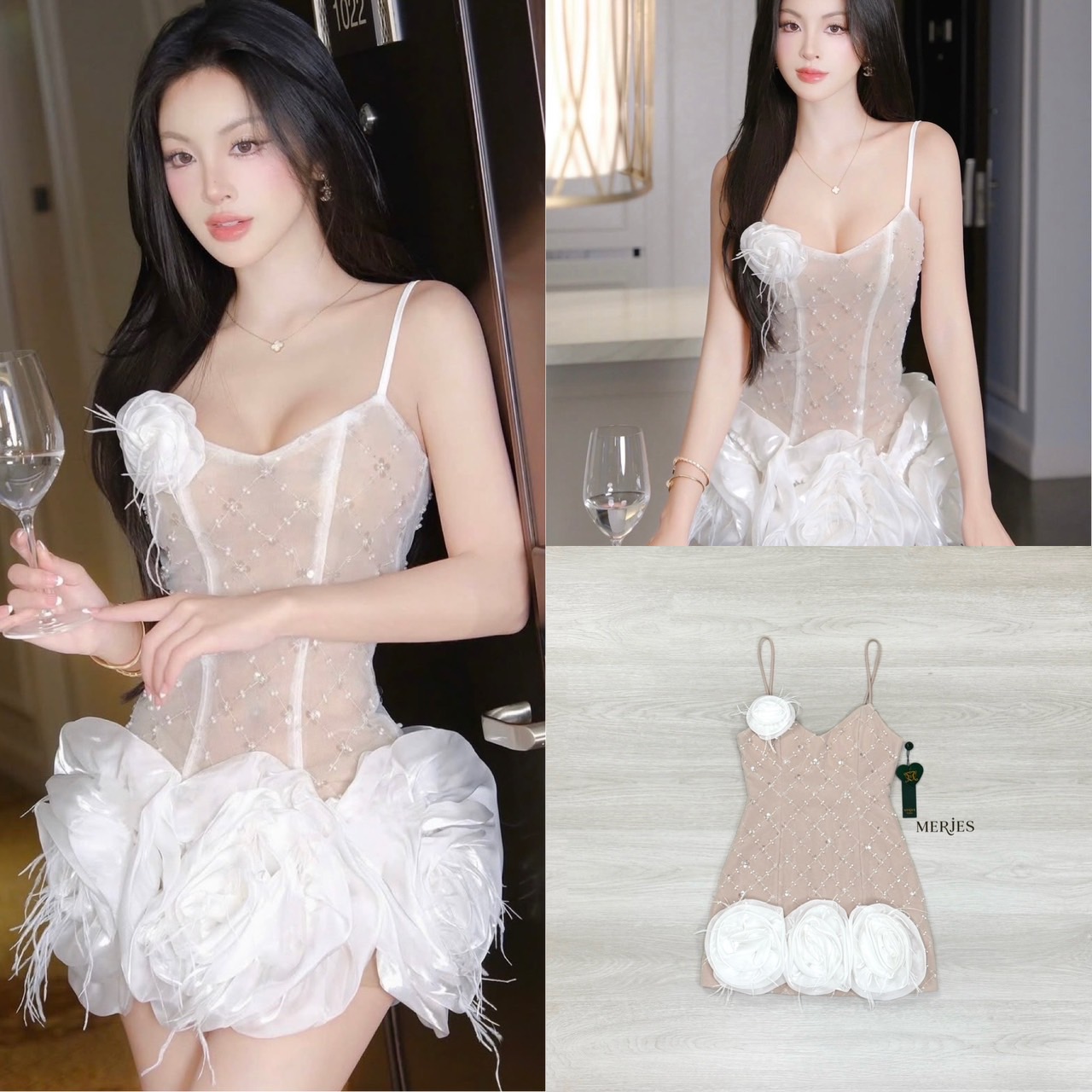 มินิเดรสสายเดี่ยวทรงเข้ารูปเย็บทับด้วยผ้าวิ้งปักมุกสีขาวตัวซับเสื้อเป็นสีเนื้อ อกมีฟองน้ำเสริม แต่งด้วยดอกไม้ช่วงอก และดอกไม้ใหญ่ชายกระโปรงดื่มความสวยเก๋แอบมีความเซ็กซี่ ออกงานปาร์ตี้สวยๆเลยคะ