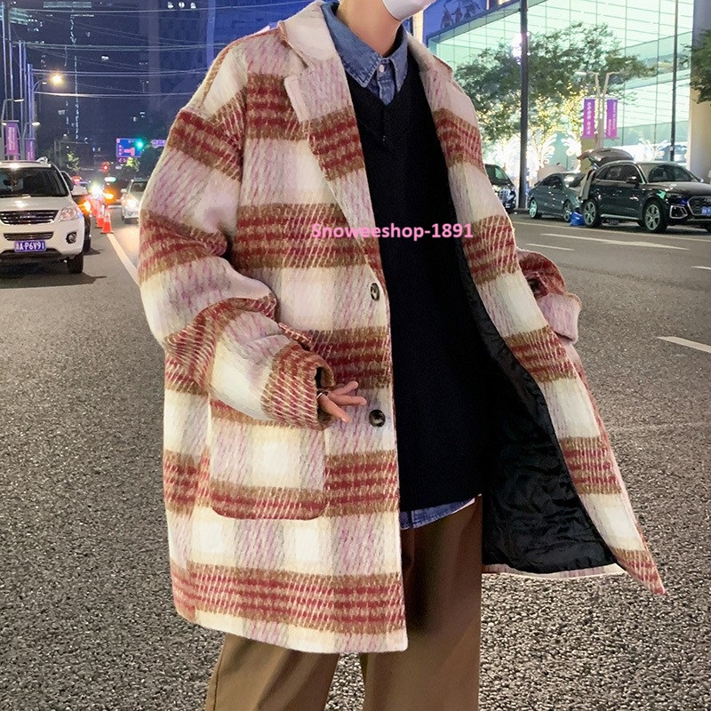 เสื้อโค้ทผู้ชาย โค้ทผ้าแคชเมียร์ของผู้ชายความยาวปานกลาง โค้ทผู้ชายสไตล์อังกฤษแบบใส่หลวมๆ โอเวอร์ไซพร้อมซับในหนา มี 2 สี