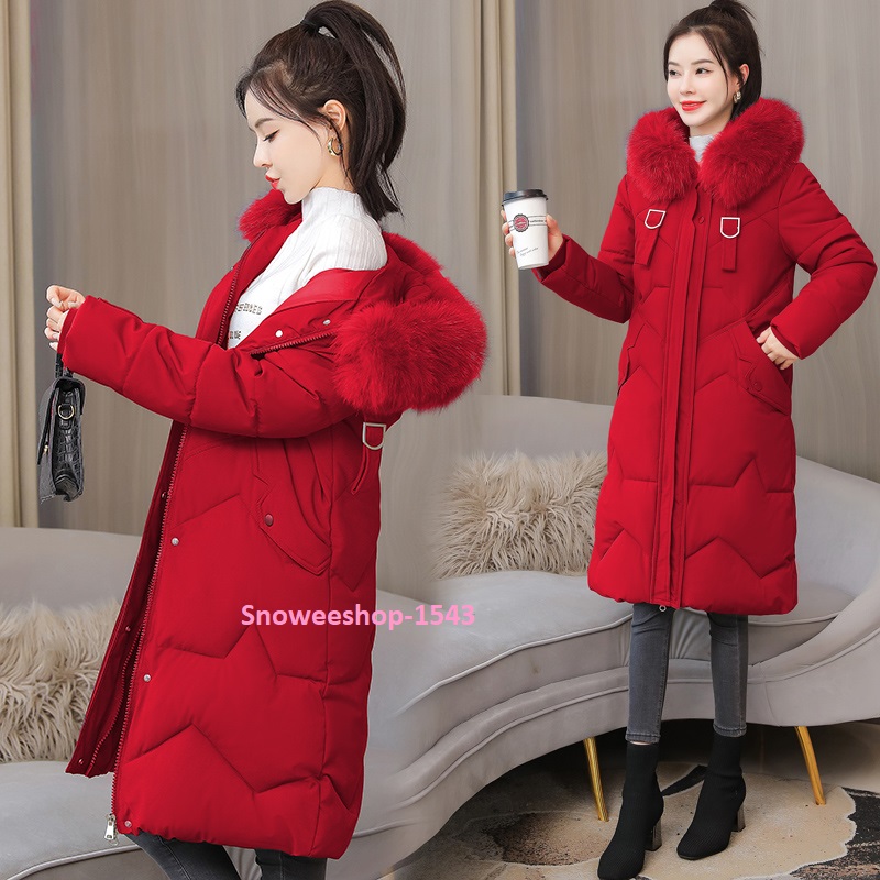 Long Down Jacket Womens โค้ทผู้หญิงตัวยาวกันหนาวใส่อุณหภูมิติดลบ แต่งเข็มขัดปกคอ ทรงสลิมพร้อมกระดุมและซิบสองชั้น มี 6 เฉดสี