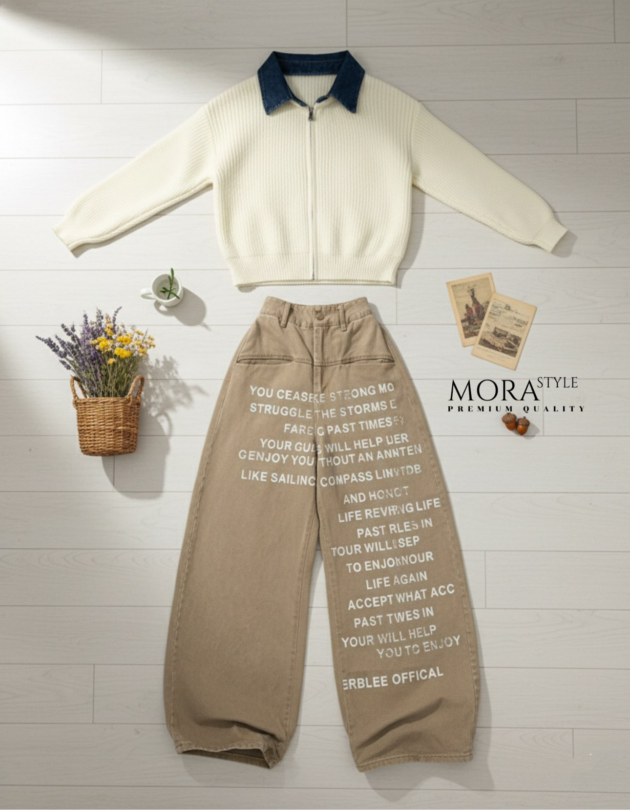 เซ็ต 2 ชิ้น เสื้อไหมพรมแขนยาวคอปกทรงวินเทจ มาพร้อมกับกางเกงยีนส์สีกากี ทรงบาเรล สกรีนตัวหนังสือสีขาว แต่งกระเป๋าหน้าเล็กๆๆ น่ารักๆๆ ผ้าไม่หนา ใส่สบาย เหมาะกับอากาศบ้านเราสุดๆ ใส่แมทเท่มากค่าาา