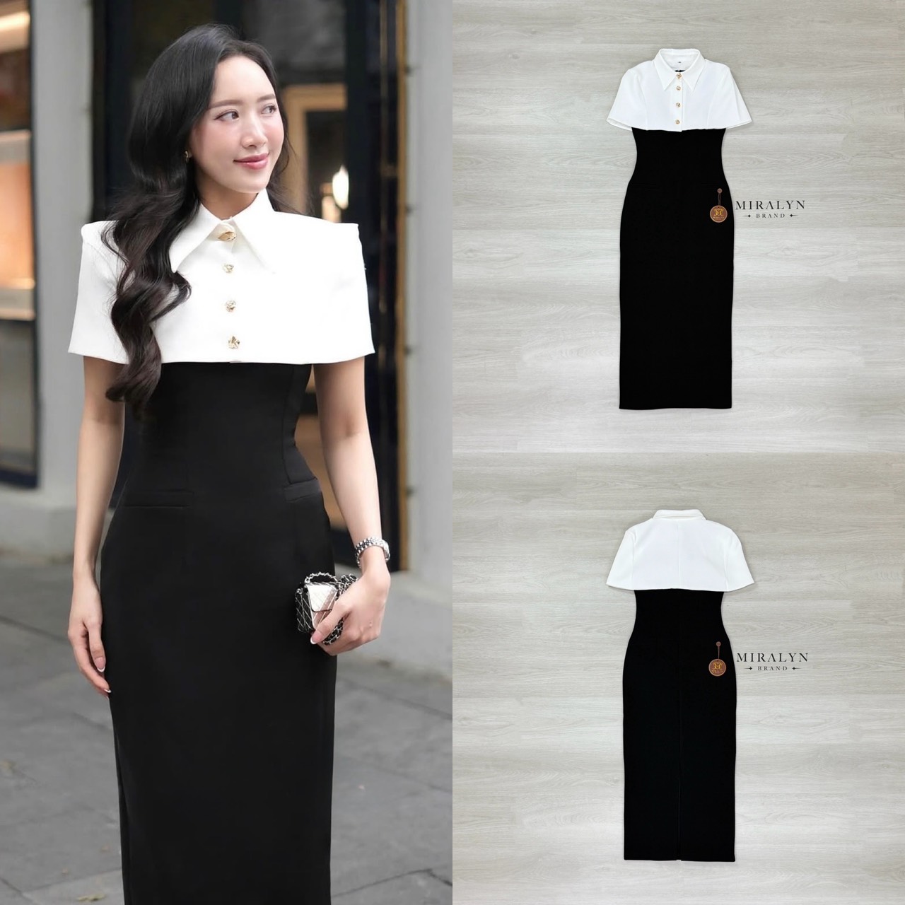 เดรสยาวสีดำพร้อมปกคลุมเสื้อคอปกสีขาวดีเทลกระดุมสีทองสวยมาก เดรสเข้ารูปแขนกุดทรงยาวผ่าด้านหลังอกมีฟองน้ำเสริมและซิปด้านหลัง งานเนื้อผ้าดีมาก การันตีงานคุณภาพ คัตติ้งประณีตใส่ใจทุกรายละเอียดของงาน