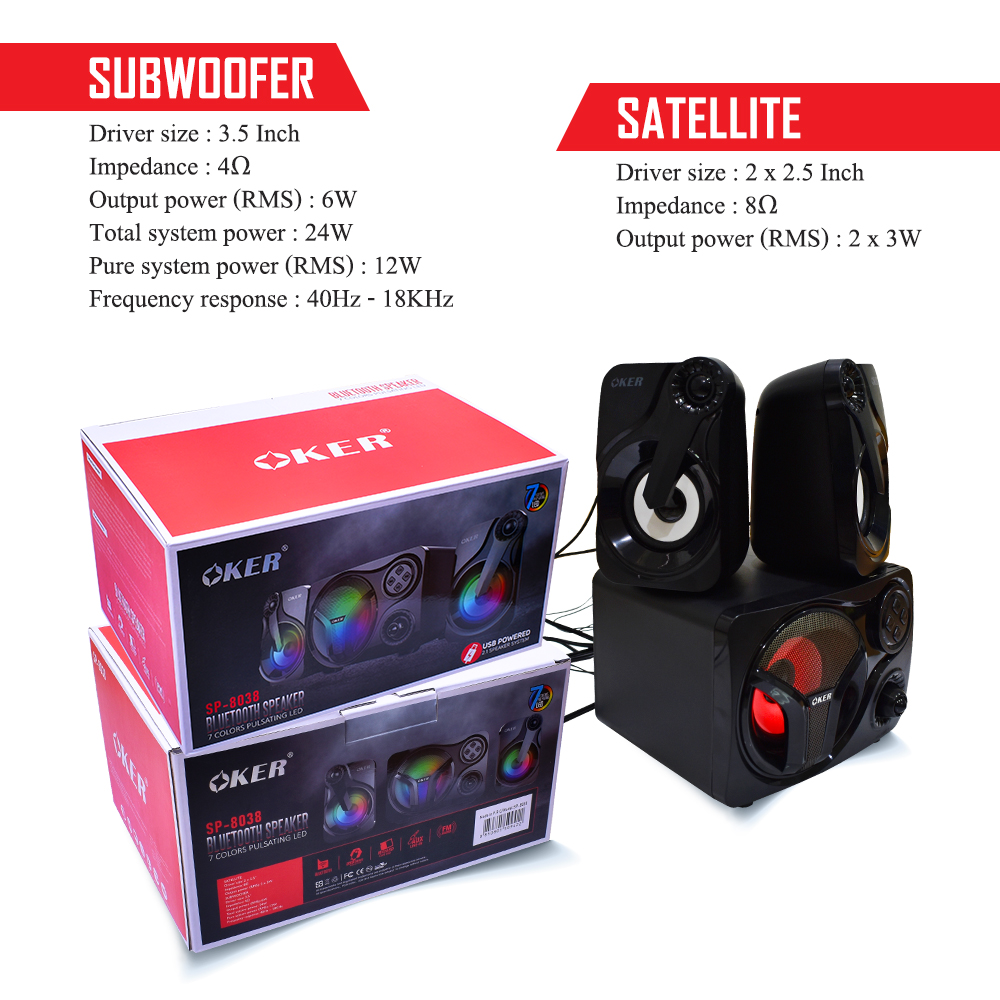 SP-8038 OKER SPEAKER 2.1 มีไฟ SP-OK-21-8038B