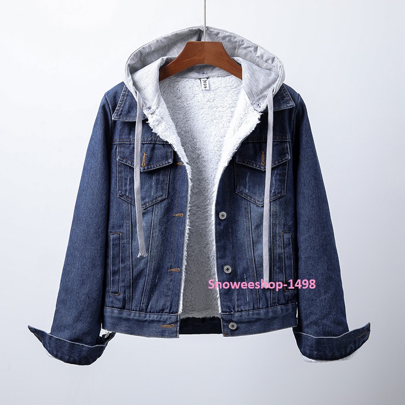 Fleece DENIM แจ็คเก็ตบุขนผ้ายีนส์ ใส่ได้ทั้งผู้หญิงและผู้ชาย เสื้อแจ็คเก็ตทรงสลิมตัวสั้น หมวกฮู้ดดคลุมผ้าฝ้ายถอดออกได้ใส่กันหนาว มี 2 เฉดสี
