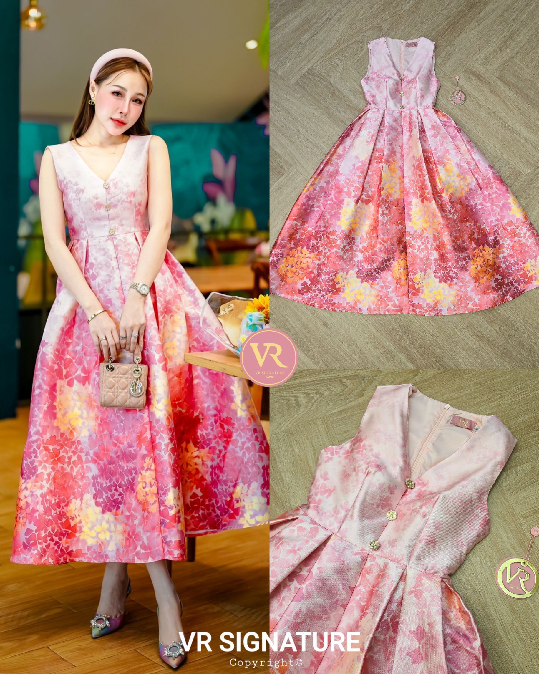 Dress แขนกุดตัวยาว แต่งกระดุมช่วงอก มีฟองน้ำจัดทรงให้ค่ะ ช่วงเอวเข้ารูป ช่วงกระโปรงทรงบานจับจีบรอบชุด พิมพ์ลวดลายคมชัดค่ะ เนื้อผ้าพิมพ์ลายเนื้อดี มีน้ำหนัก เป็นทรงสวย มีซับในค่ะ ... ใส่ออกมาแล้วเป๊ะเว่อร์ แพทเทรินเนี๊ยบสุดๆ สามารถใส่ได้ในทุกโอกาสเลยค่า