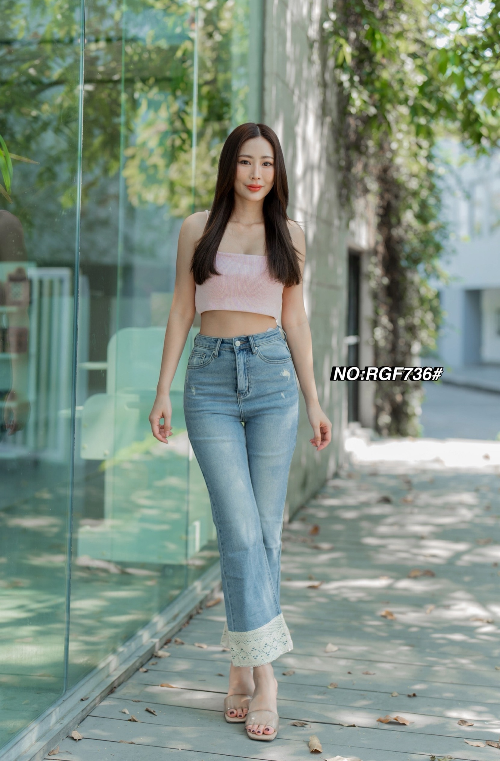 【Major Made.】รอบ3 No.RGF736# -กางเกงยีนส์ทรงกระบอก （ผ้ายืด) ปลายขาตัดต่อผ้า two tone style !!! แต่งลูกไม้สีขาว ใส่น่ารักมากๆค่า สวยฮิตสุดๆ ฟอกสีสวยมาก ใส่ทรงสวย