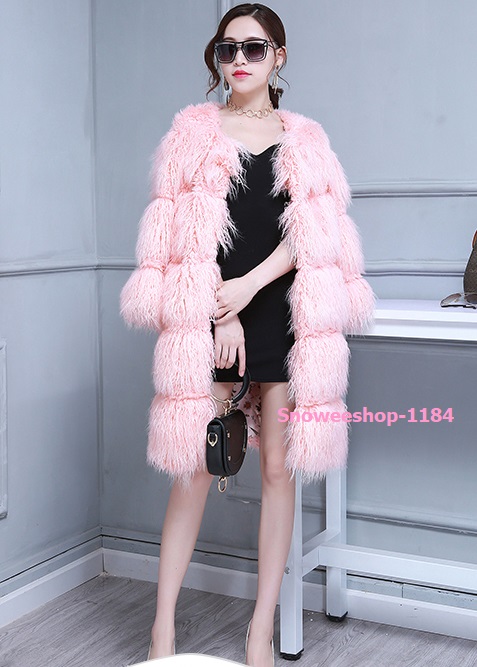 Faux Fur Coat โค้ทไฮเอน เสื้อโค้ทตัวยาวขนสัตว์ขนยาวหนานุ่มนิ่มไปทั้งตัว สีชมพูซับในหนาพร้อมกระเป๋าข้าง ใส่ติดลบได้ดี