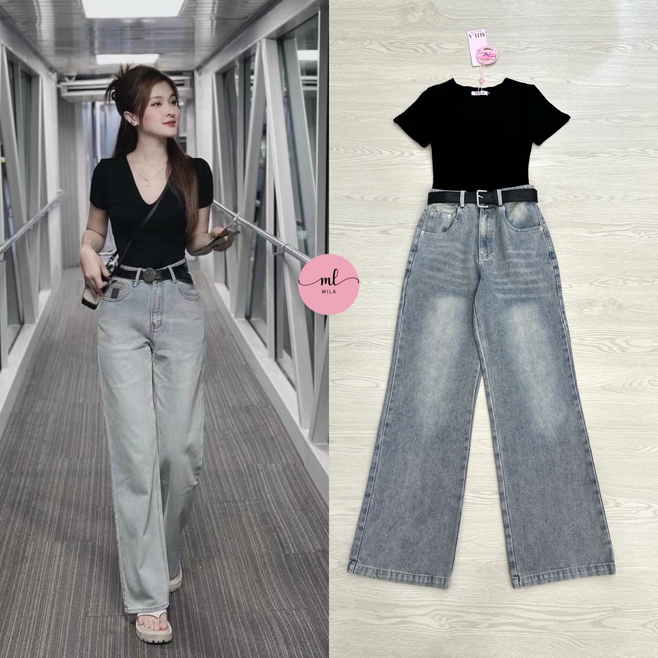Set 3 ชิ้นลุคคุณหนูสายชิค เสื้อยืดคอวีผ้านุ่มเด้ง สีดำ (มีฟองน้ำ) ใส่แล้วผิวดูผ่อง เนื้อผ้ายืดหยุ่นพอดีตัว ไม่ย้วยง่าย แมตช์กับกางเกงยีนส์สีอ่อนทรงกระบอกใหญ่ มีกระเป๋าล้วงทั้งสองข้าง