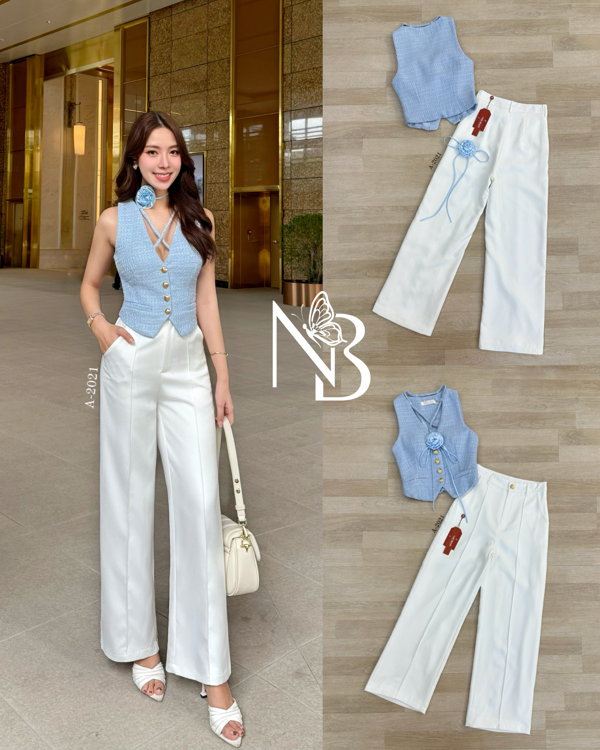 Label :: #NABIBRAND Code :: A-2021 Detail :: ชุดเซ็ตเสื้อแขนกุด ดีไซน์แต่งสาย คอV กระดุมทอง มาคู่กับกางเกงขายาวทรงกระบอกเล็ก ตีเกล็ตเส้นด้ายตรงกลาง กางเกงซิปหน้า มีกระเป๋า 2ข้าง มาคู่กับเข็มกลัดดอกไม้ สวยน่ารักมากๆ พลาดไม่ได้setคือสวย เป๊ะสุด ใส่ได้ตลอดค่