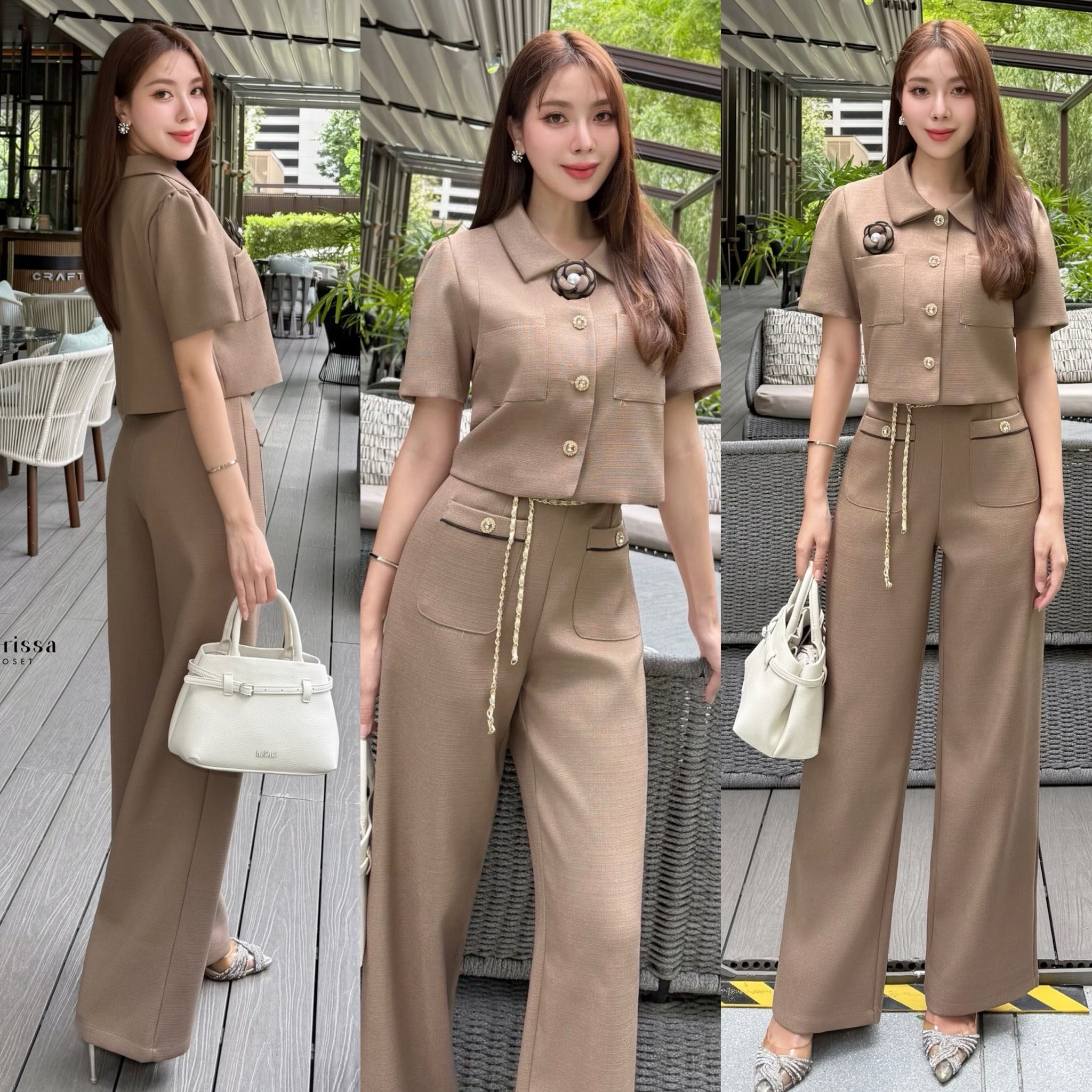 เซ็ท 4 ชิ้น :เสื้อ+กางเกง+โซ่ทอง+เข็มกลัดดอกไม้ #ชุดใส่ทำงาน #ชุดทำงานสวยๆ#ชุดเซ็ทใส่ทำงาน#ชุดเสื้อสีฟ้า #OOTD เซ็ทสีชมพูอ่อน #เดรสสีน้ำตาล