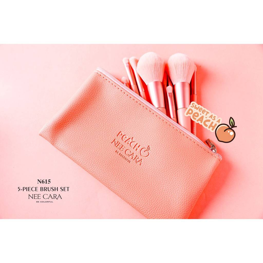 NEE CARA Peach 5-Piece Brush Set N615 นีคาร่า ชุดแปรงแต่งหน้า เซ็ตแปรงแต่งหน้า ลูกพีช 5 ชิ้น พร้อมกระเป๋า