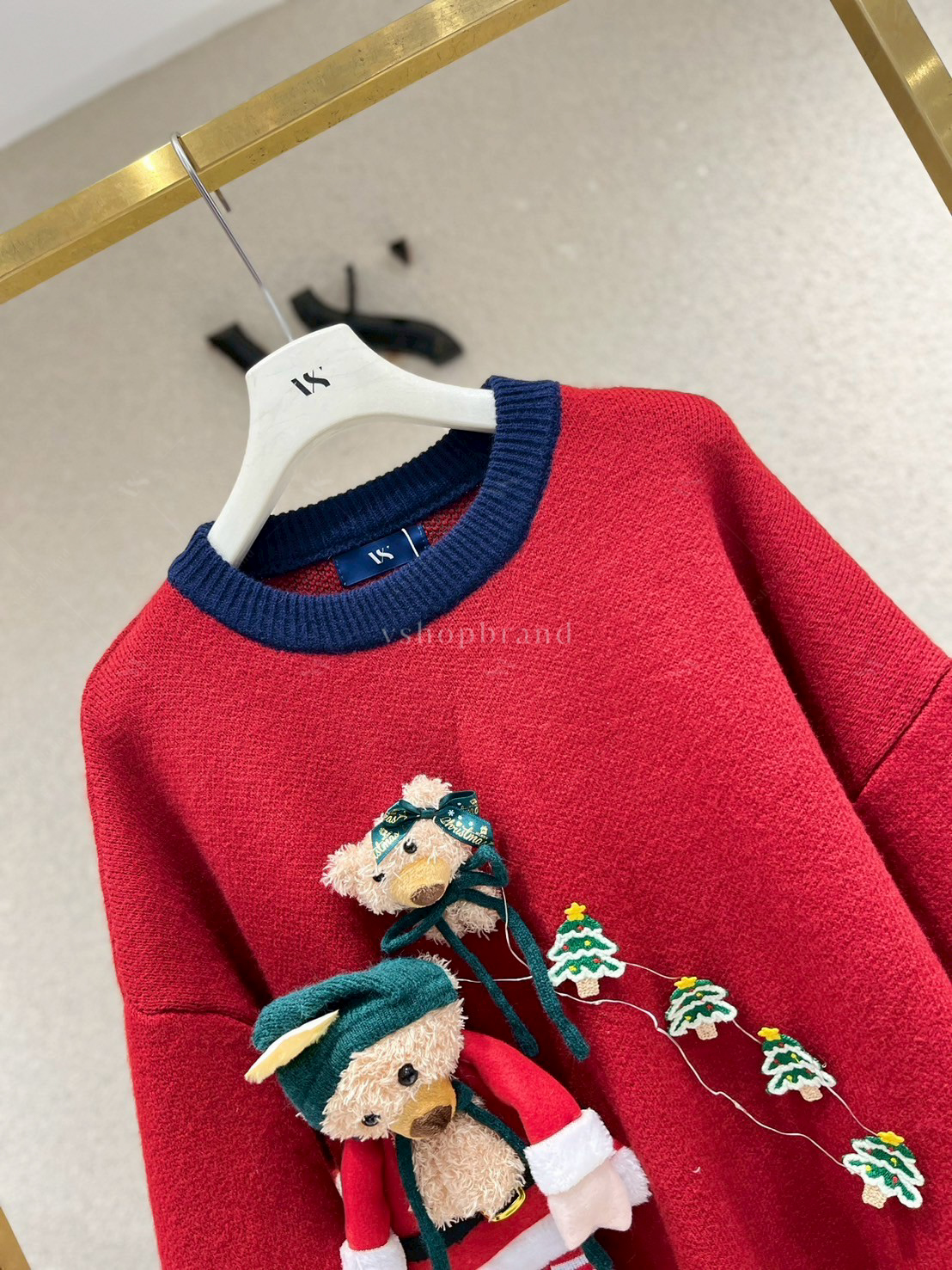 เสื้อกันหนาวไหมพรมคริสมาสขอบทูโทน + ตุ๊กตา