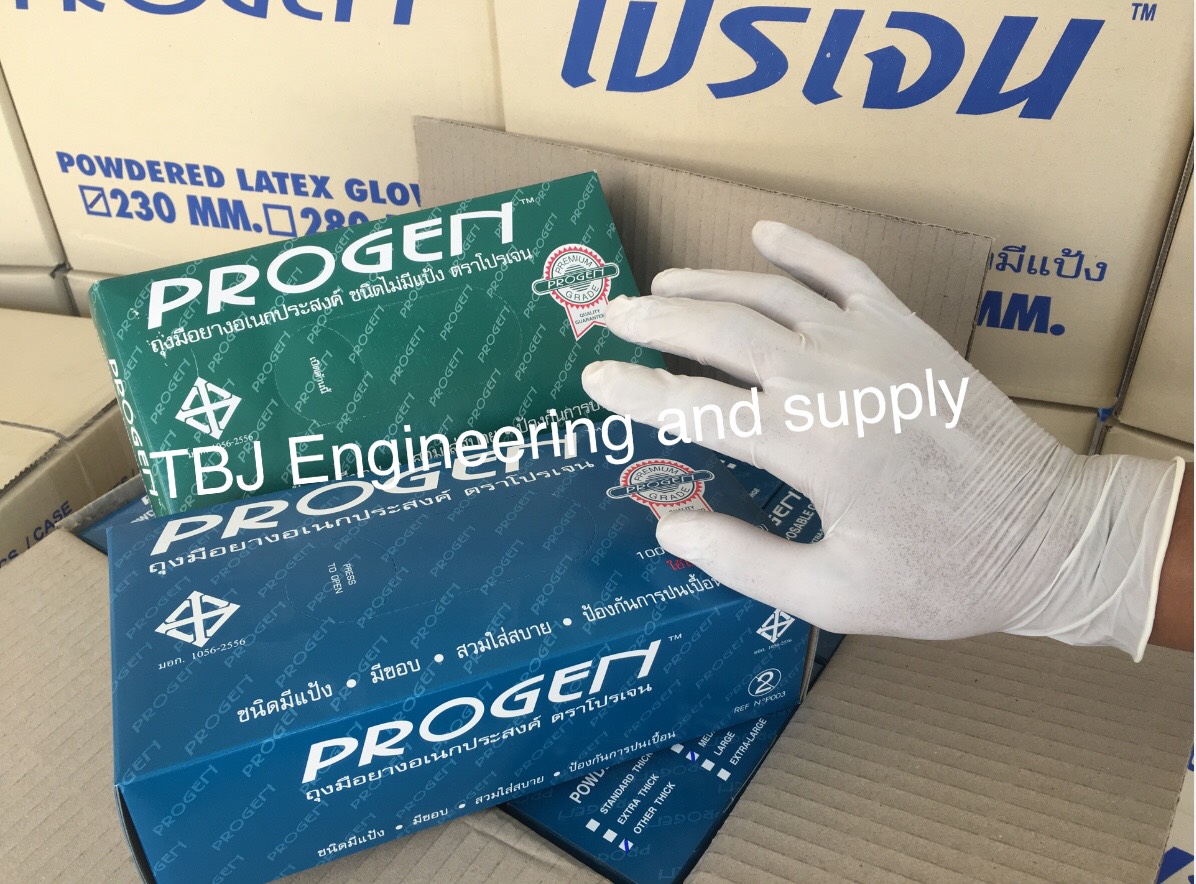 ถุงมือแพทย์ ถุงมือยาง แบบมีแป้ง Brand : Progen