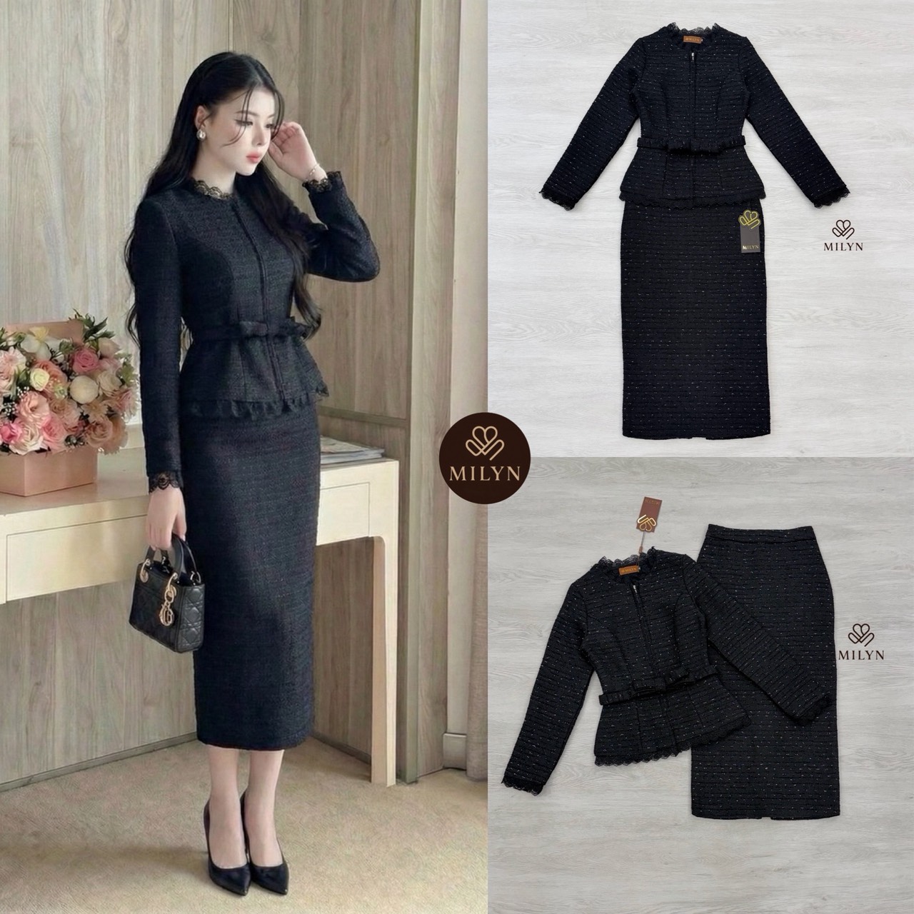 Set 2 ชิ้น เนื้อผ้าทวิตสีดำผสมดิ้นเงิน ตัวเสื้อทรงพอดีตัวแขนยาวคอชิดแต่งระบายกุ๊นลูกไม้สีดำเล็กๆที่ขอบชุด ตัวเสื้อเป็นซิปรูดด้านหน้า (อกเย็บเสริมฟองน้ำ และมีเสริมไหล่) มีสายขาดเอวเข็มขัดเป็นริบบิ้นโบว์มีกระดุมแป๊กติดด้านหลังเด่นสวย