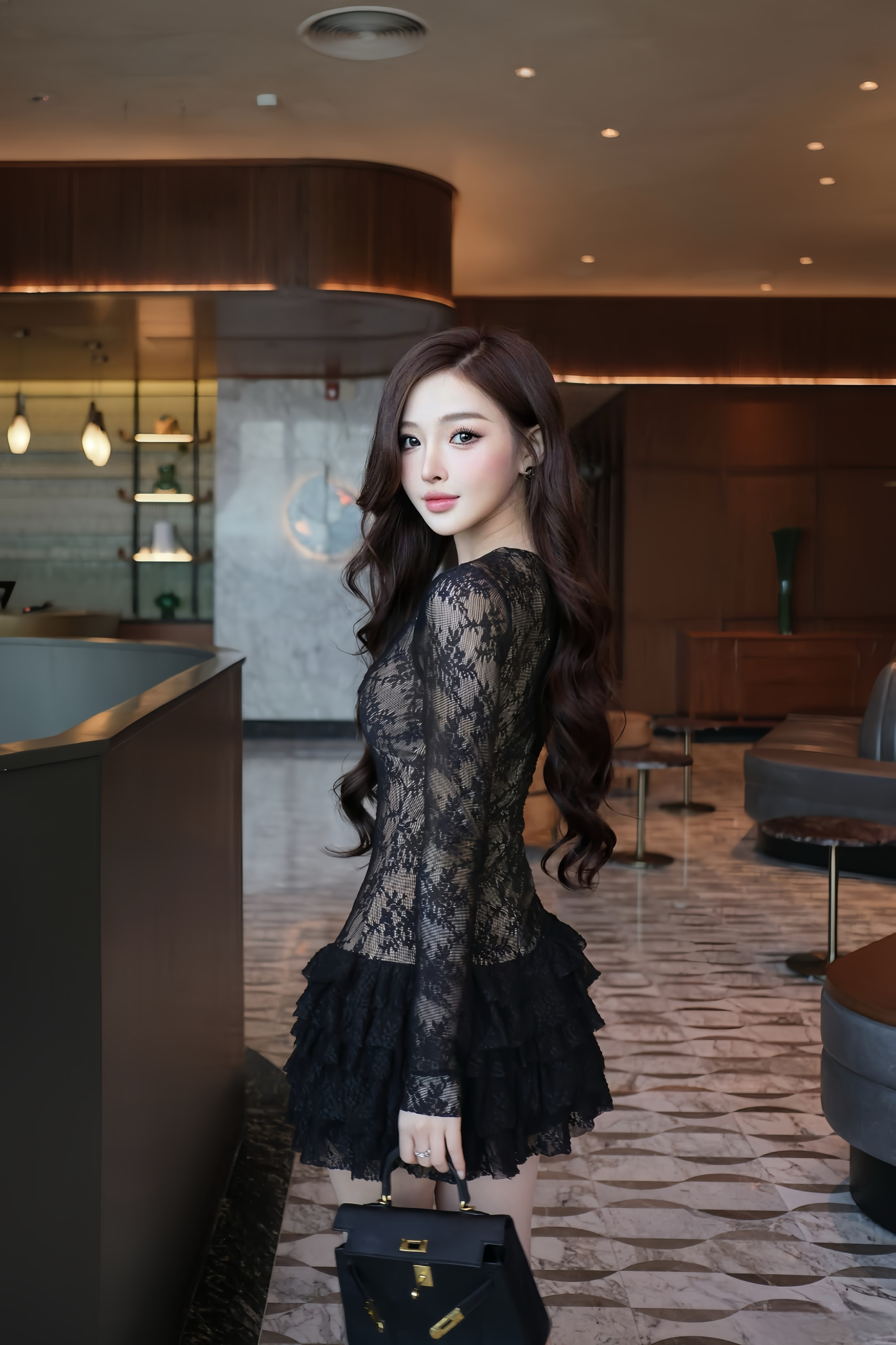 เดรสลูกไม้สีดำแขนยาวซีทรูซ้อนซับสีเนื้อ ดีไซน์เข้ารูปช่วงตัวคอวีลึกแต่งเข็มกลัดสีทองช่วงอกเพิ่มความหรูหราตัดต่อกระโปรงสั้นบานระบายเลเยอร์ชั้นๆด้วยผ้าลูกไม้ดูพริ้วหวานแฝงความเซ็กซี่ลงตัวเหมาะกับลุคดินเนอร์หรือออกงานกลางคืนที่ต้องการความโดดเด่นและดูแพง