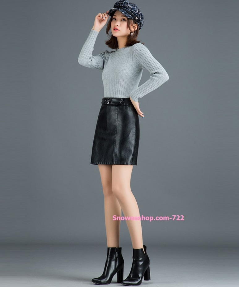 กระโปรงสั้นหนัง PU หนังหนาสีดำ สีน้ำตาล กันลมกันหนาว
