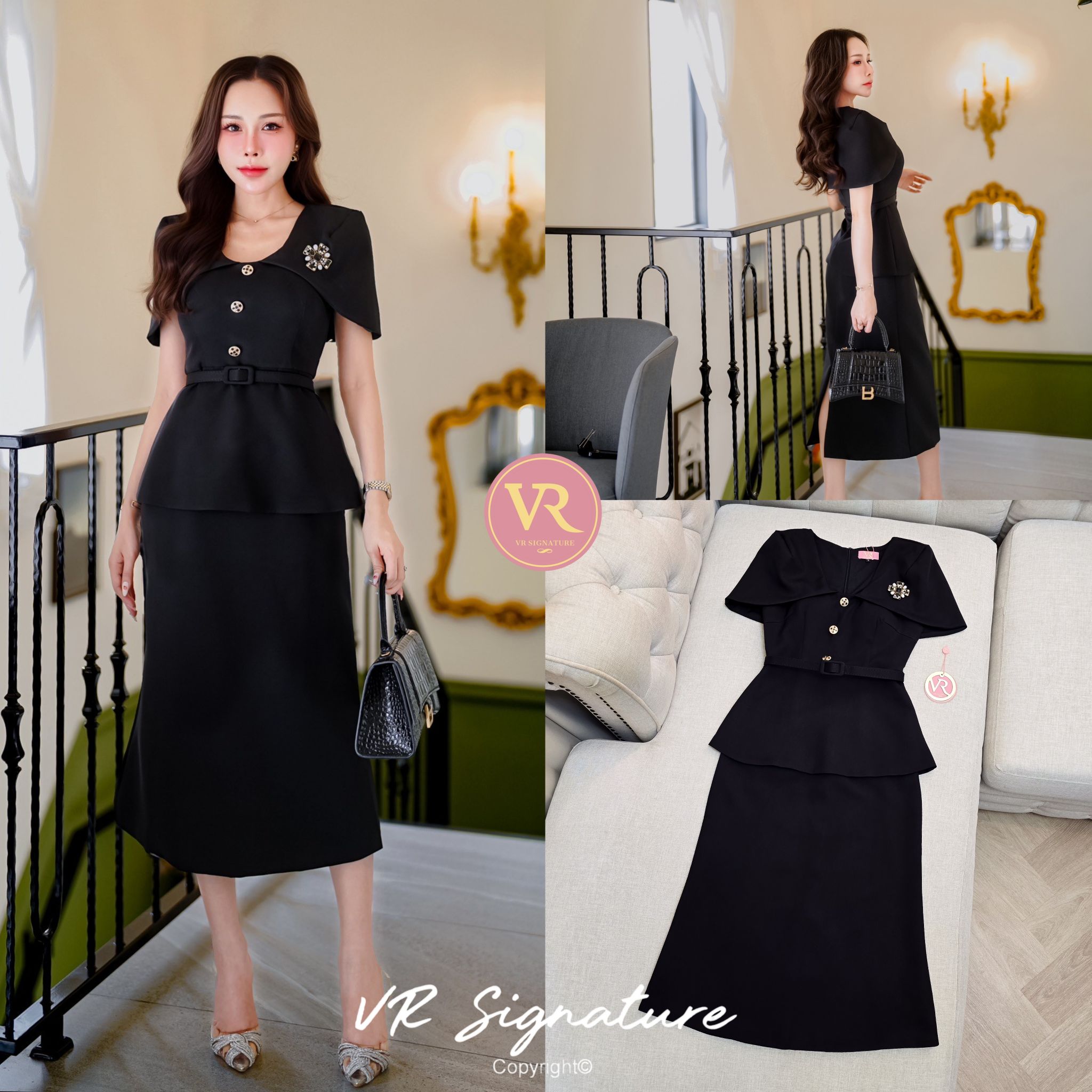 Dress ยาวทรงสวย ดีเทลแต่งผ้าคลุมช่วงไหล่ แต่งกระดุมเรียงด้านหน้า ชายเสื้อบานเล็กน้อย เอวเข้ารูป แต่งเข็มขัดเข้าชุด ชายกระโปรงแต่งบานเล็กน้อย ด้านหลังแต่งผ่า มีเข็มกลัดแต่งช่วงอก
