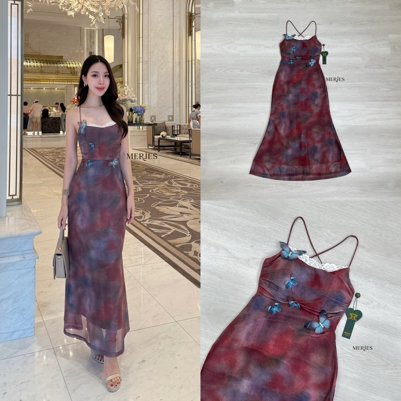 เดรสยาวสายเดี่ยวผ้านิ่มพิมพ์ลายสีโทนน้ำตาลแต่งผีเสื้อสีฟ้าน่ารักทรงเดรสเข้ารูปปลายบานทรงเรียบเก๋ผู้ดีน่ารักด้านหลังเป็นสายไขว้ปรับได้อกมรีฟองน้ำเสริมงานมีซับในใส่ออกมาแล้วทรงสวยมากๆคะเก็บไว้ใส่ไปเที่ยวทะเลหรือวิวธรรมชาติสวยมากๆคะ 𝐌𝐄ᵁ