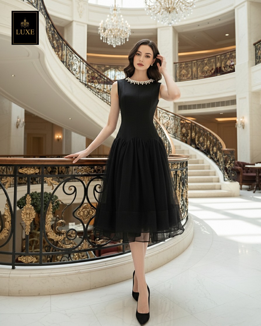 Label : LUXE ☑️เดรสเสื้อคอกลมแขนกุด กระโปรงบาน แต่งลูกปัดมุกรอบคอเสื้อ ☑️ทำจากผ้าไหมผสมคอตตอน เนื้อนุ่มใส่สบาย ☑️มีซิปซ่อนและซับในเต็มตัว