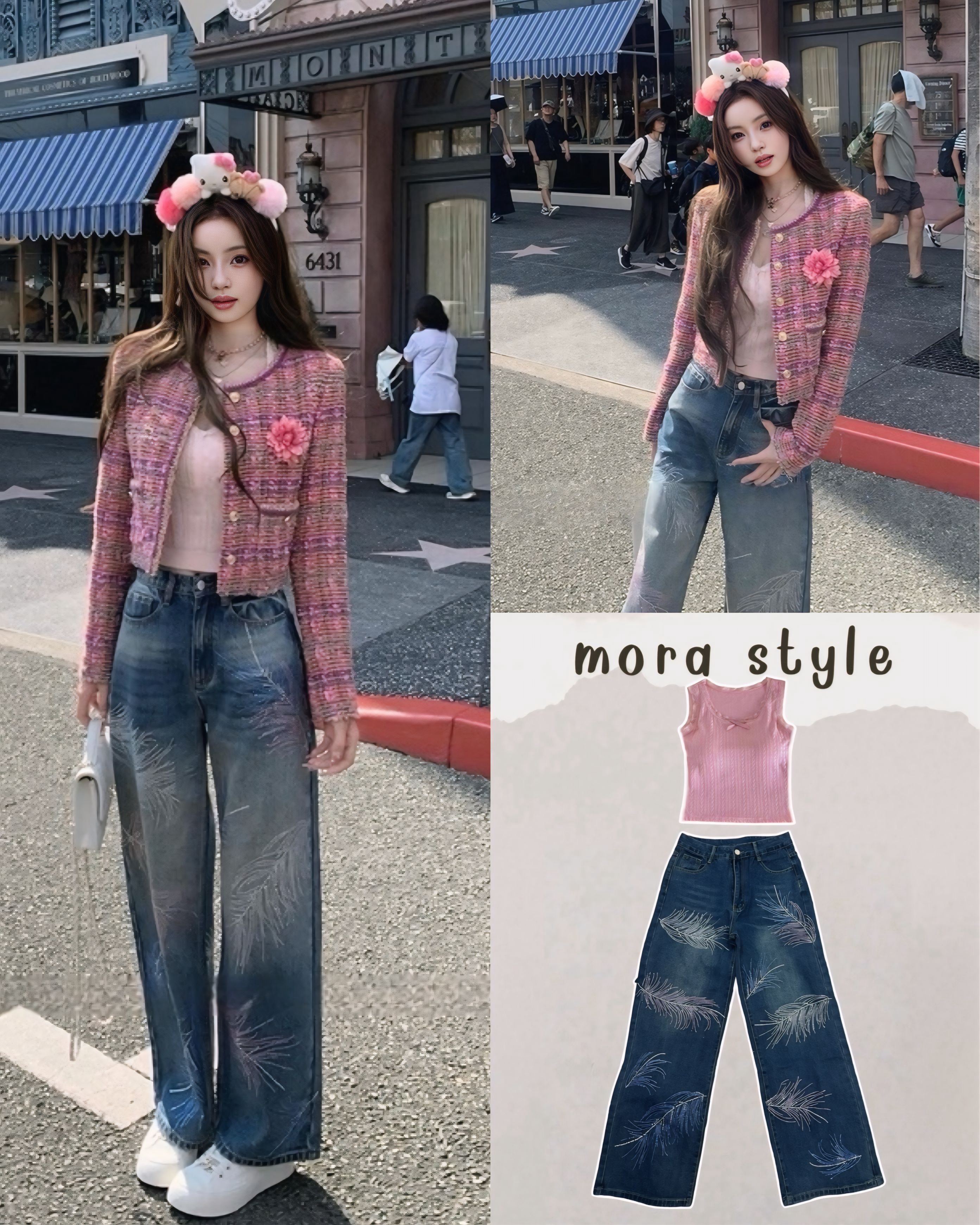 Set 2 ชิ้น กางเกงยีนส์เอวสูงทรงกระบอกแต่งคริสตัลรูปขนนก ทั้งตัวรีดแน่น หลุดยาก งานไฮเอนด์สไตล์งานแบรนด์ ผ้ายีนส์แท้ไม่ยืด ไม่หนาเกินไปไม่แข็งไม่บางใส่สบาย