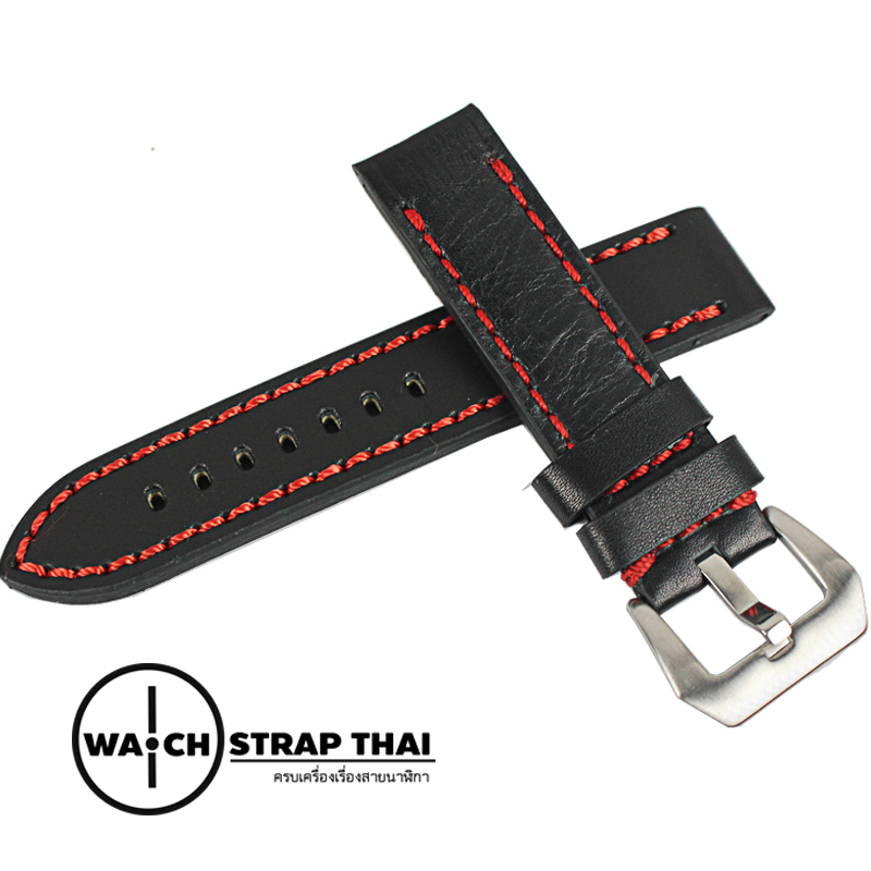 สายนาฬิกา สายนาฬิกาหนังวัว SET01 Leather Strap สีดำเดินด้ายแดง Black Leather Watch Strap 22 mm