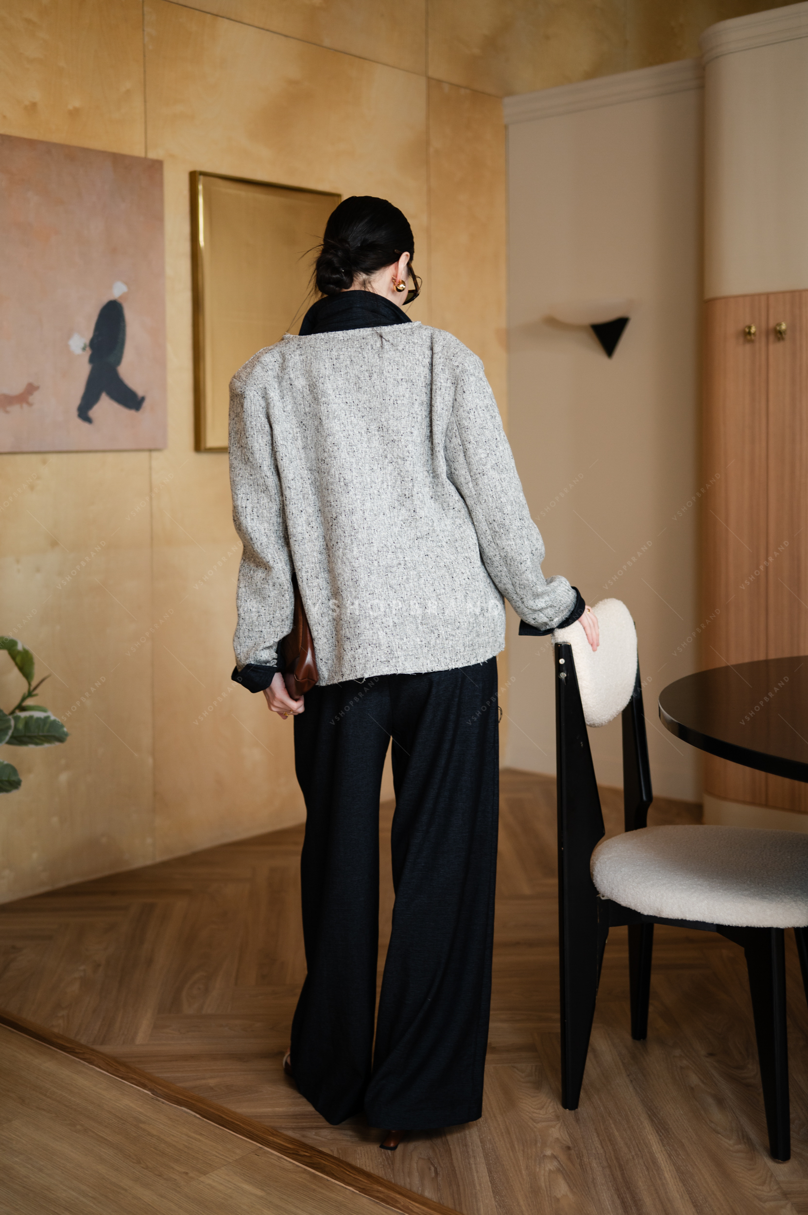 Set เสื้อแขนยาวผ้าทอต่อเชิ้ตด้านใน + กางเกงขายาว