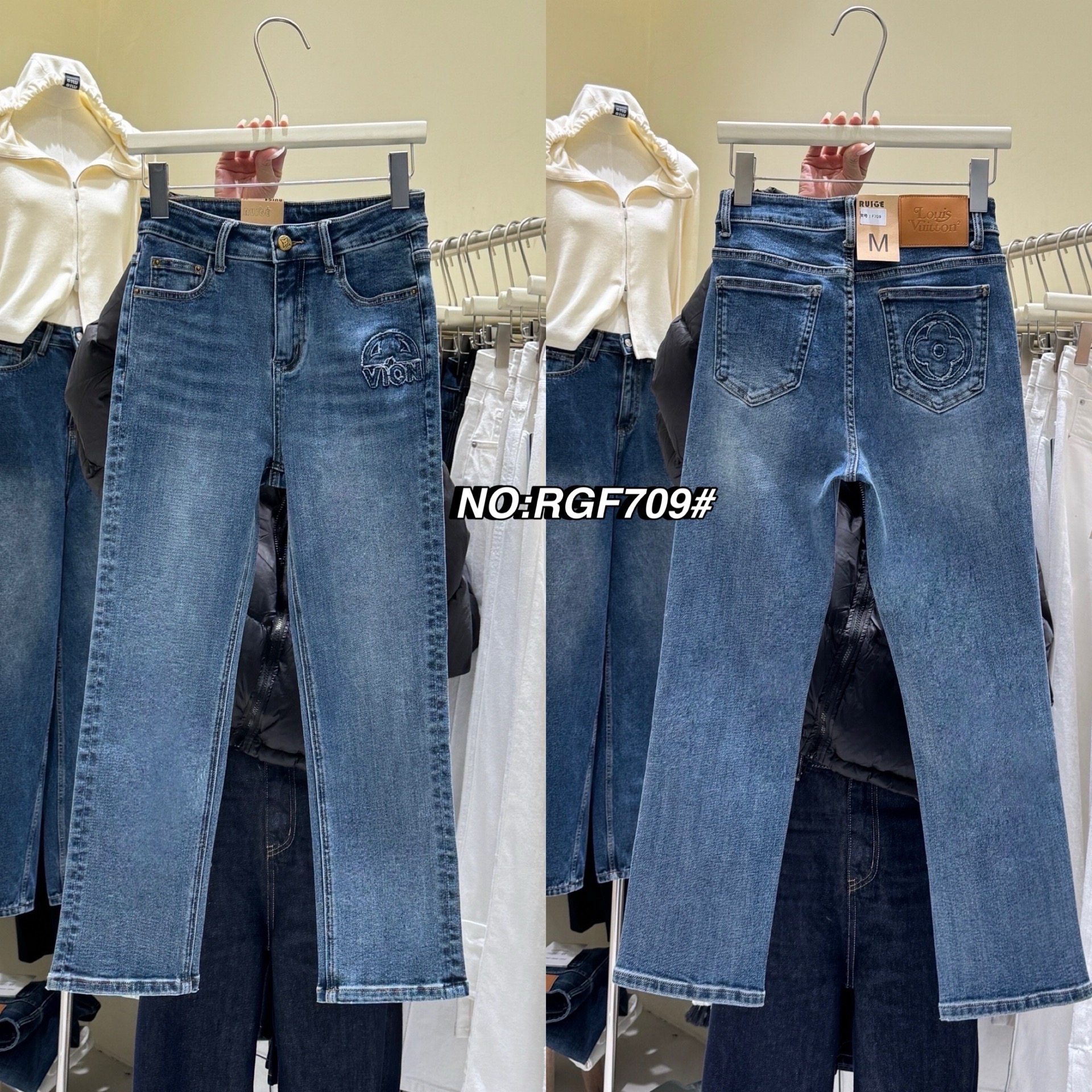 No. RGF709# 💋 กางเกงยีนส์ขา8ส่วน ทรงขาตรง เอวสูงงง ผ้ายีนส์ยืดเนื้อดีมาก นิ่มสุดๆ ฟอกสีสวย ดีเทลช่วงกระเป๋าหน้า หลังเก๋ๆ ใส่น่ารักจริงๆ ใส่ชิลล์ในวันสบายสบาย ผ้าไม่รัดอึดอัด ตัวนี้ใส่ได้ตลอด