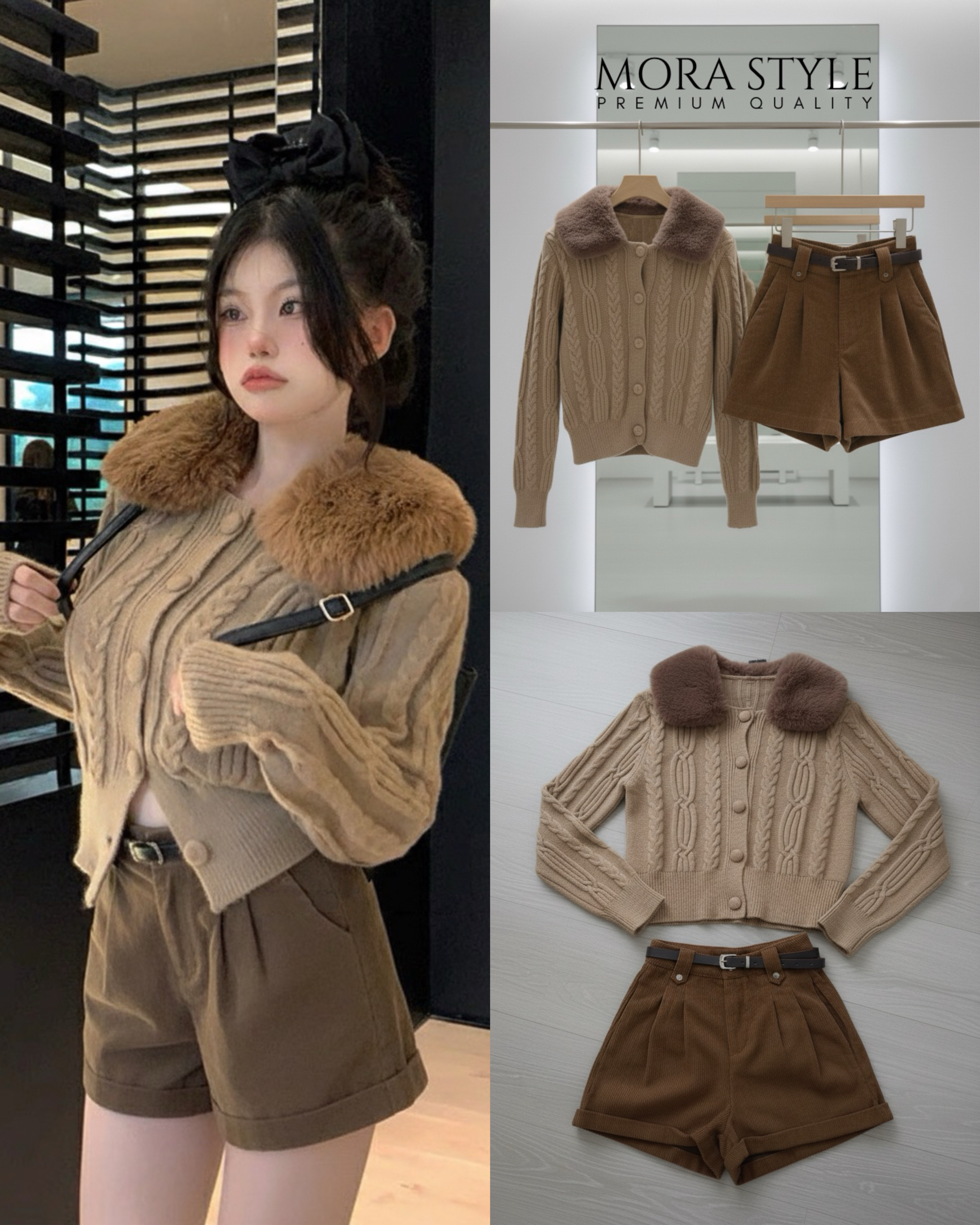 เซ็ต 2 ชิ้น เสื้อคาดิแกนไหมพรมแขนยาวทอลายถัก แต่งเฟอร์ขนที่คอน่ารักมากกกกก ขนเฟอร์ถอดได้ มาพร้อมกับ กางเกงลูกฟูกขาสั้นมีเข็มขัดให้หนึ่งเส้นใส่แมทช์เซ็ตน่ารักมากค่ะ