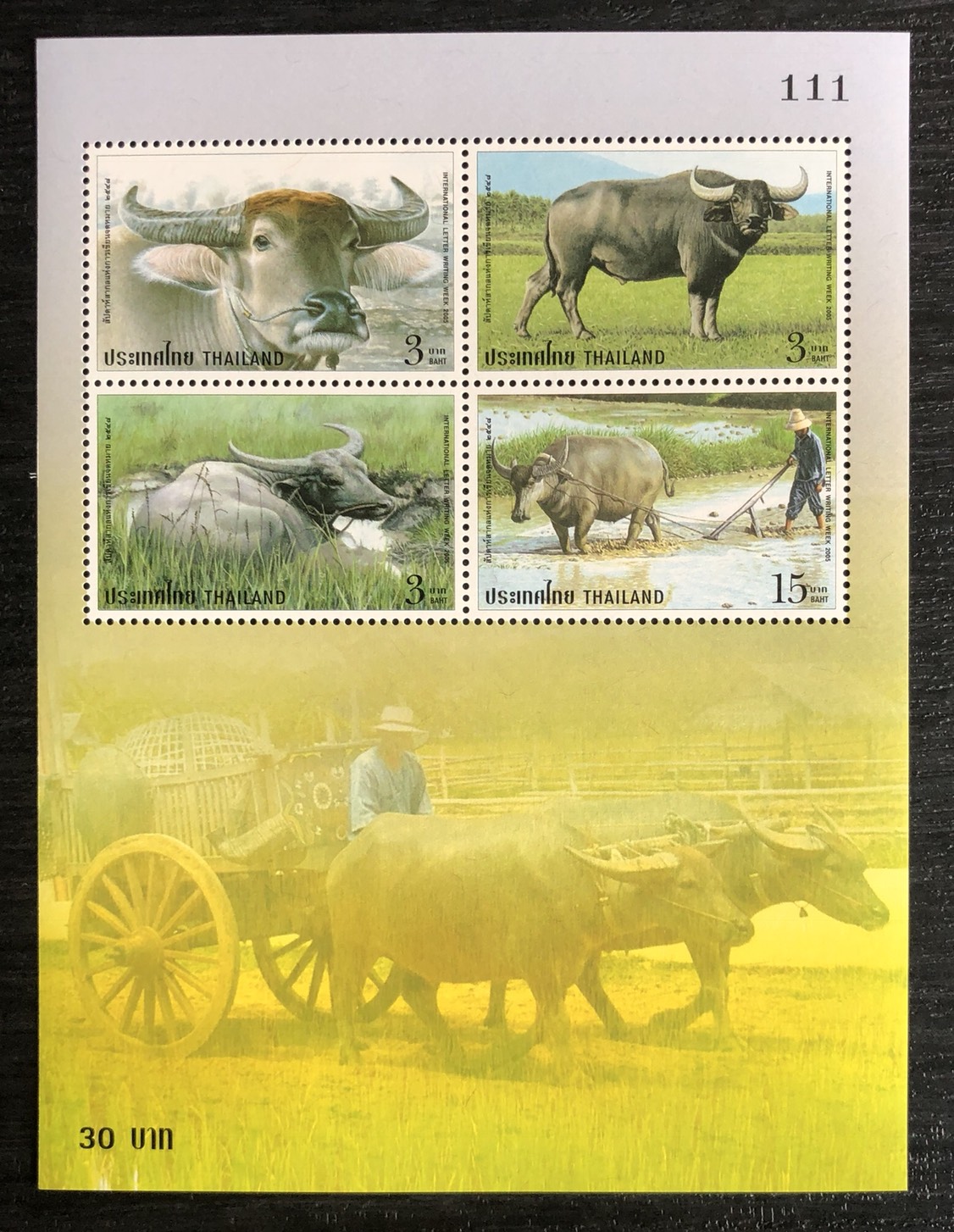 แสตมป์สัปดาห์สากลแห่งการเขียนจดหมาย ปี 2548 ชุดควายไทย (เต็มแผ่น) + ชีท (เลขตรงกัน) เลขตอง #111