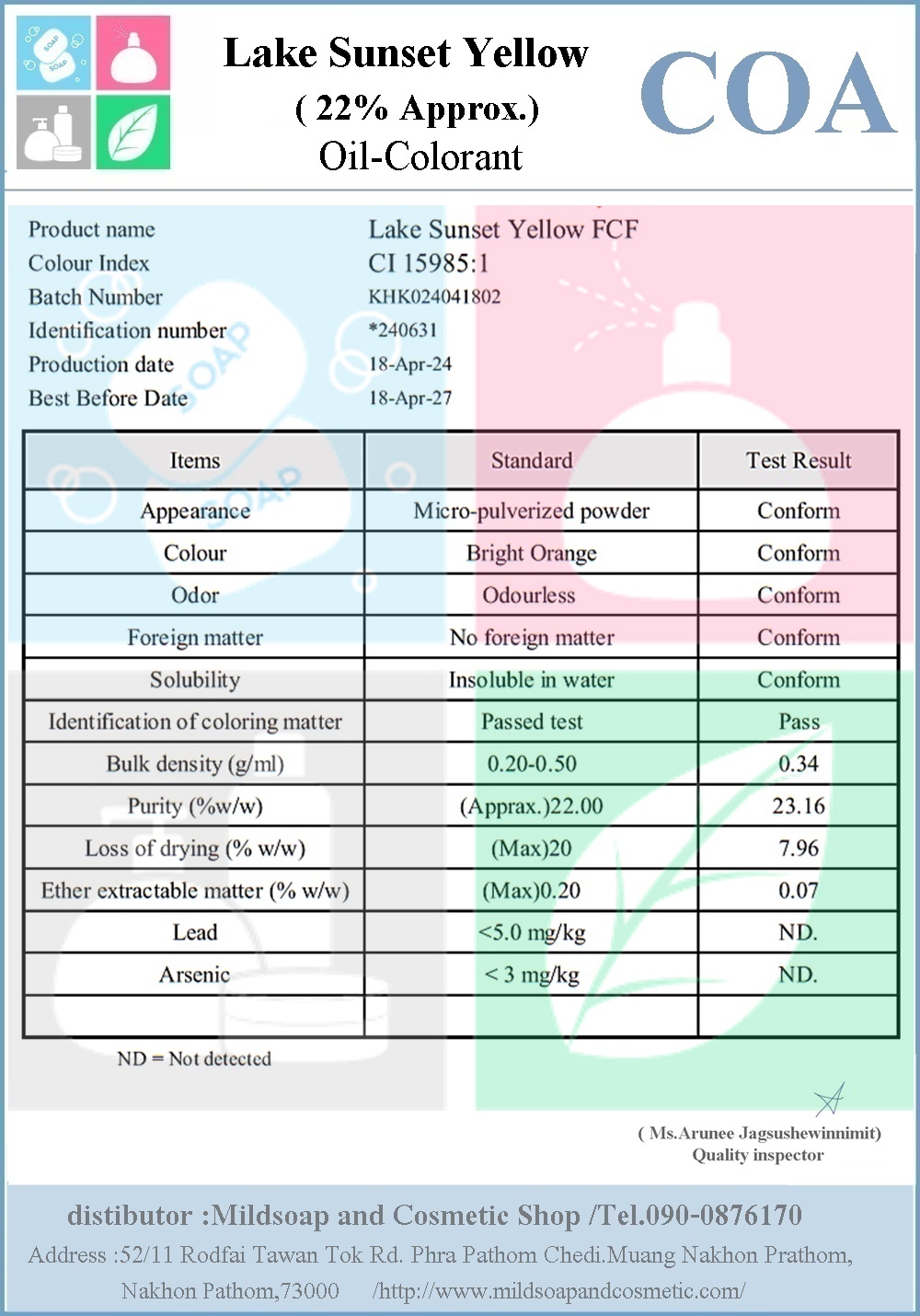 COA/MSDS-Lake Sunset Yellow Powder 22 % สีส้มน้ำมัน