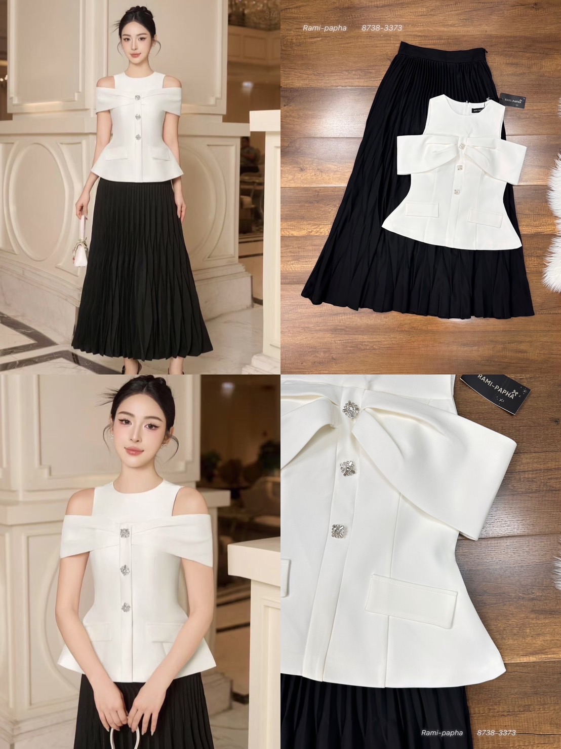 Label :: RAMI-PAPHA(รมิปภา) เซตเสื้อสีขาวดีเทลแขนสวยเก๋ แต่งกระดุมหน้าสวยหรู อกเสริมฟองน้ำเพื่อทรงสวย ซับในอย่างดีทั้งตัว ซิปหลัง (กระดุมหน้า/กระเป๋าแต่งเพื่อสวยงาม) ++กระโปรงยาวพีทจีบเก๋รอบตัว ซับในอย่างดี ซิปข้าง