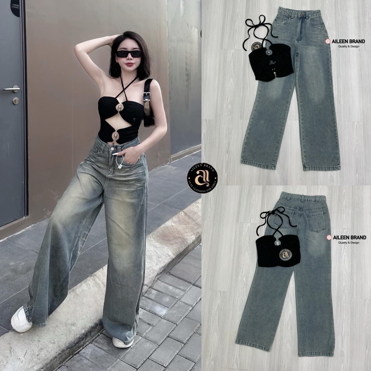 Set 2 ชิ้นครอปตัวสั้นสีดำสายสปาเกตตี้คู่ช่วงอกสามารถผูกคล้องคอได้ ตัวเสื้อสไตล์เกาะอกแต่งอะไหล่กลางอก เว้าลึก ผ้านิ่มใส่สบาย มาพร้อมกับกางเกงยีนส์ขายาวทรงกระบอกใหญ่ กระดุมและซิปด้านหน้า มีกระเป๋าล้วงทั้งสองข้าง กางเกงฟอกสีสนิมสวยมาก ๆ เอฟชุดนี้รอซัมเมอร์ไ