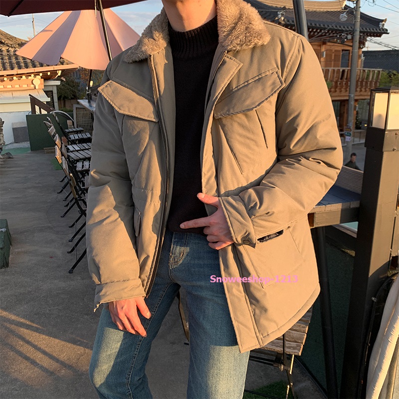 เสื้อแจ็คเก็ตผู้ชายสไตล์เกาหลีบุนวมหนา แนวออนนี่ แจ็คเก็ตผ้าฝ้ายเคลือบสารสะท้อนหยดน้ำปกขนแกะ ทรงเบสิคใส่กันหนาวติดลบได้ดี