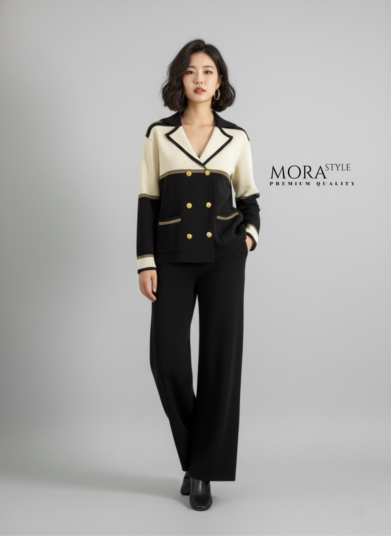 เซ็ตไหมพรม 2 ชิ้น เสื้อแขนยาวทูโทนแต่งกระดุมด้านหน้า มาพร้อมกับกางเกงขายาว ผ้าใส่สบายไม่ร้อน ใส่เที่ยวใส่ออกงานได้ เป็นอีกรุ่นที่ต้องมีติดตู้นะคะ