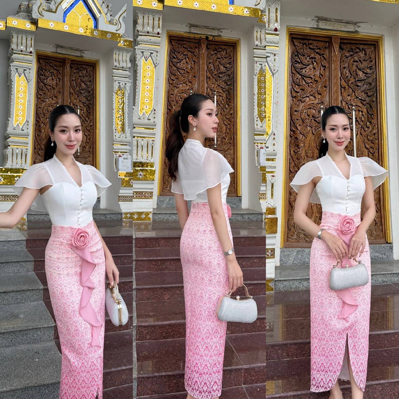 set 2 ชิ้นเสื้อสีขาวกระดุมหน้า ตัดเย็บอย่างดีมีซับใน + กระโปรงผ้าถุงสำเร็จทรงเอวสูง ผ้าพิมพ์ลาย แต่งระบายด้านหน้า+ เข็มกลัดดอกไม้ 1 ชิ้นติดได้ตามต้องการ Color::ตามรูป