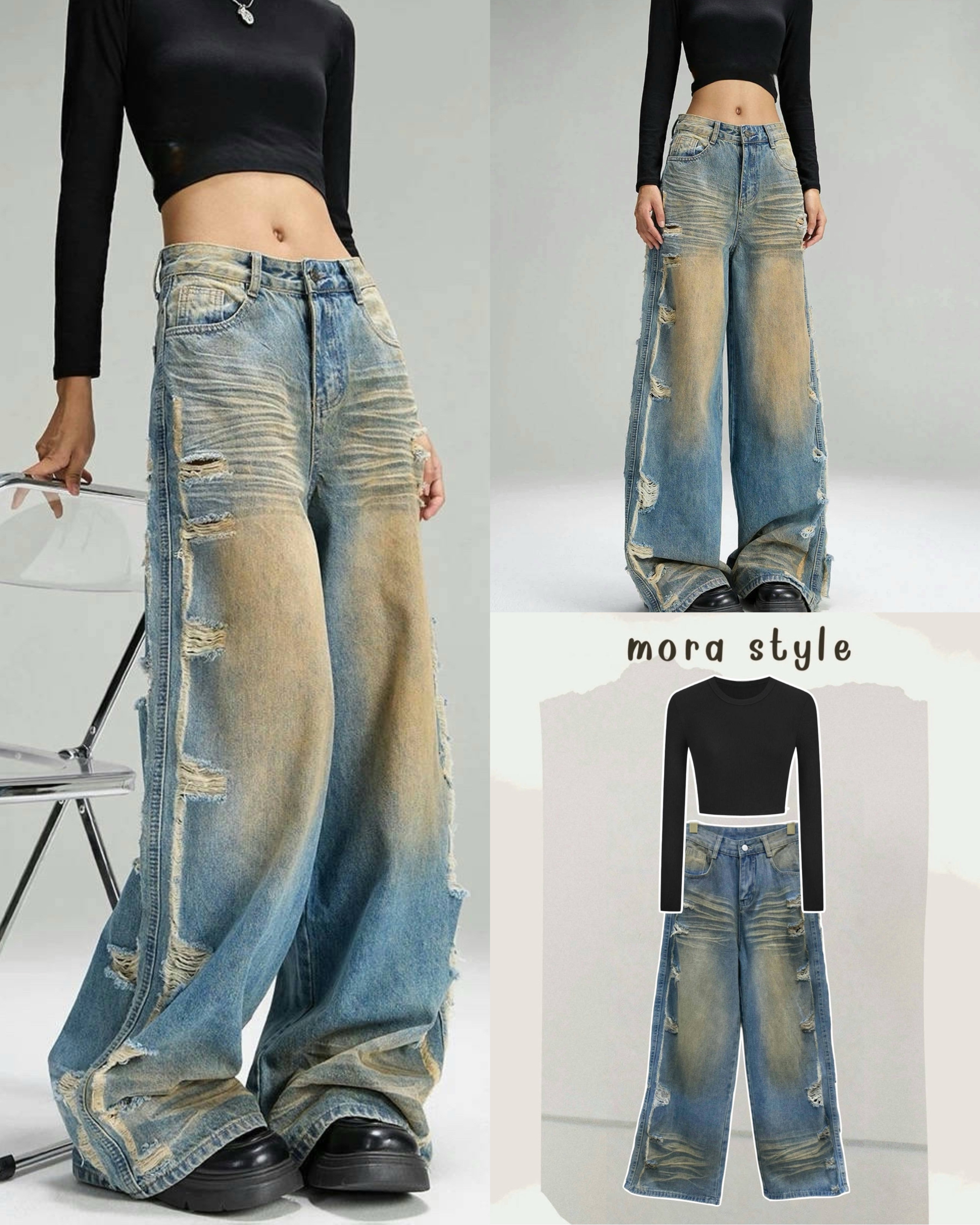 เซ็ต 2 ชิ้น เสื้อครอปแขนยาว ผ้ายืดหยุ่น งานสวยจึ้ง มาพร้อมกับกางเกงยีนส์เอวสูงขากระบอก ฟอกสี แต่งขาดด้านข้าง สายเท่ๆคูลๆแนะนำรุ่นนี้เลยค่าา