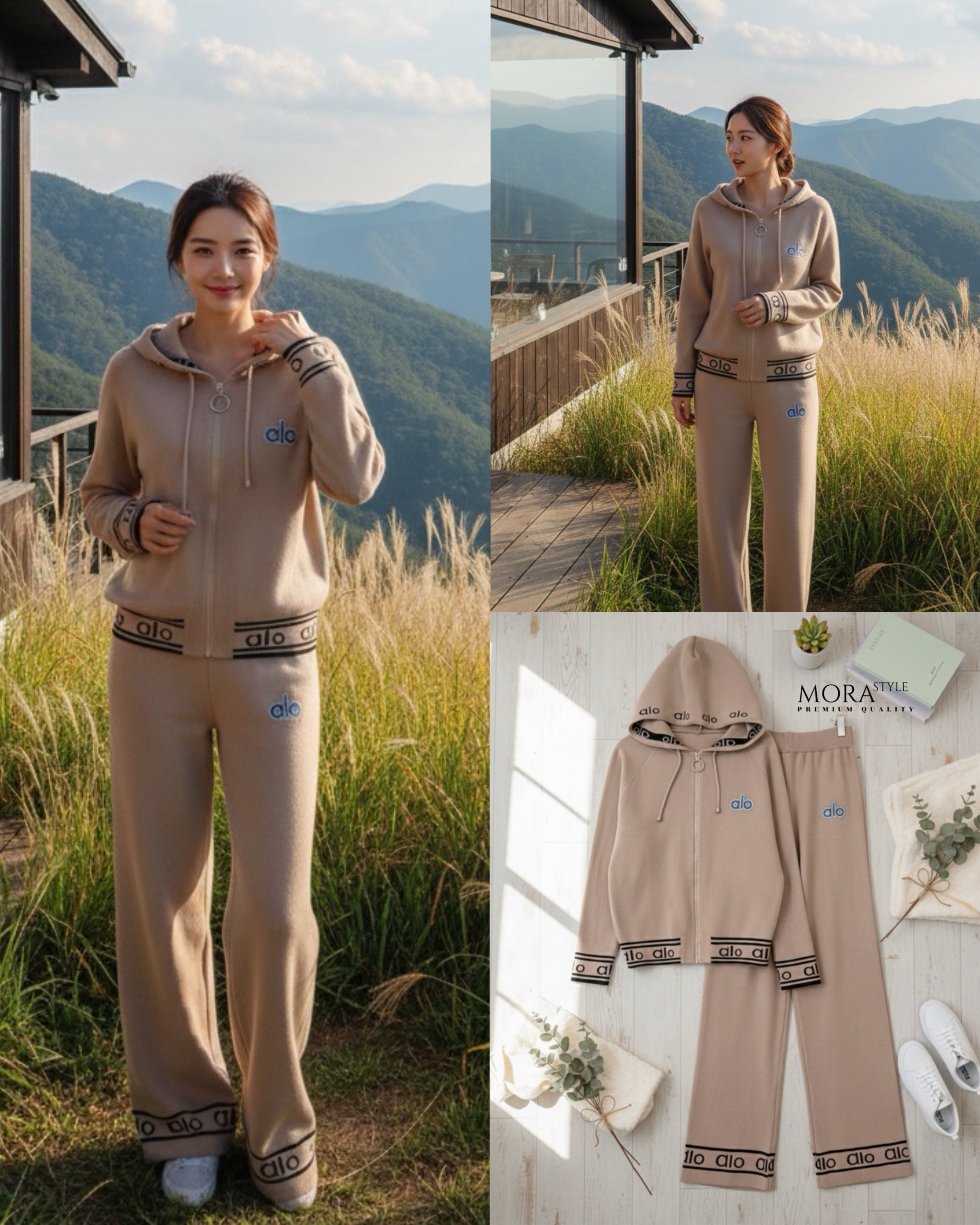 เซ็ตไหมพรม 2 ชิ้น เสื้อแขนยาวมีฮู้ดหมวกงานซิปรูดด้านหน้า มาพร้อมกับกางเกงขายาวปักแต่งโลโก้ทั้งเซต ใส่เที่ยวขึ้นเขาขึ้นดอยได้หมดเลยค่ะ