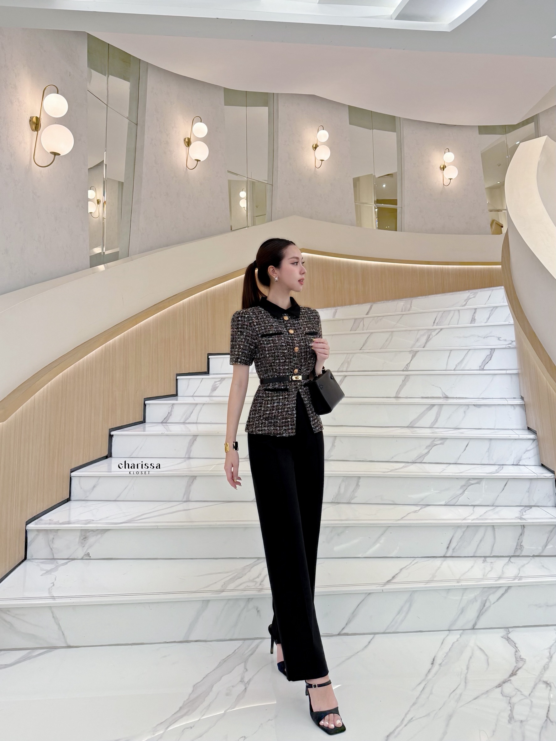 เซ็ท 3 ชิ้น เสื้อทวิตแขนสั้น + กางเกง มาพร้อมเข็มขัด สวยหรูมากกก