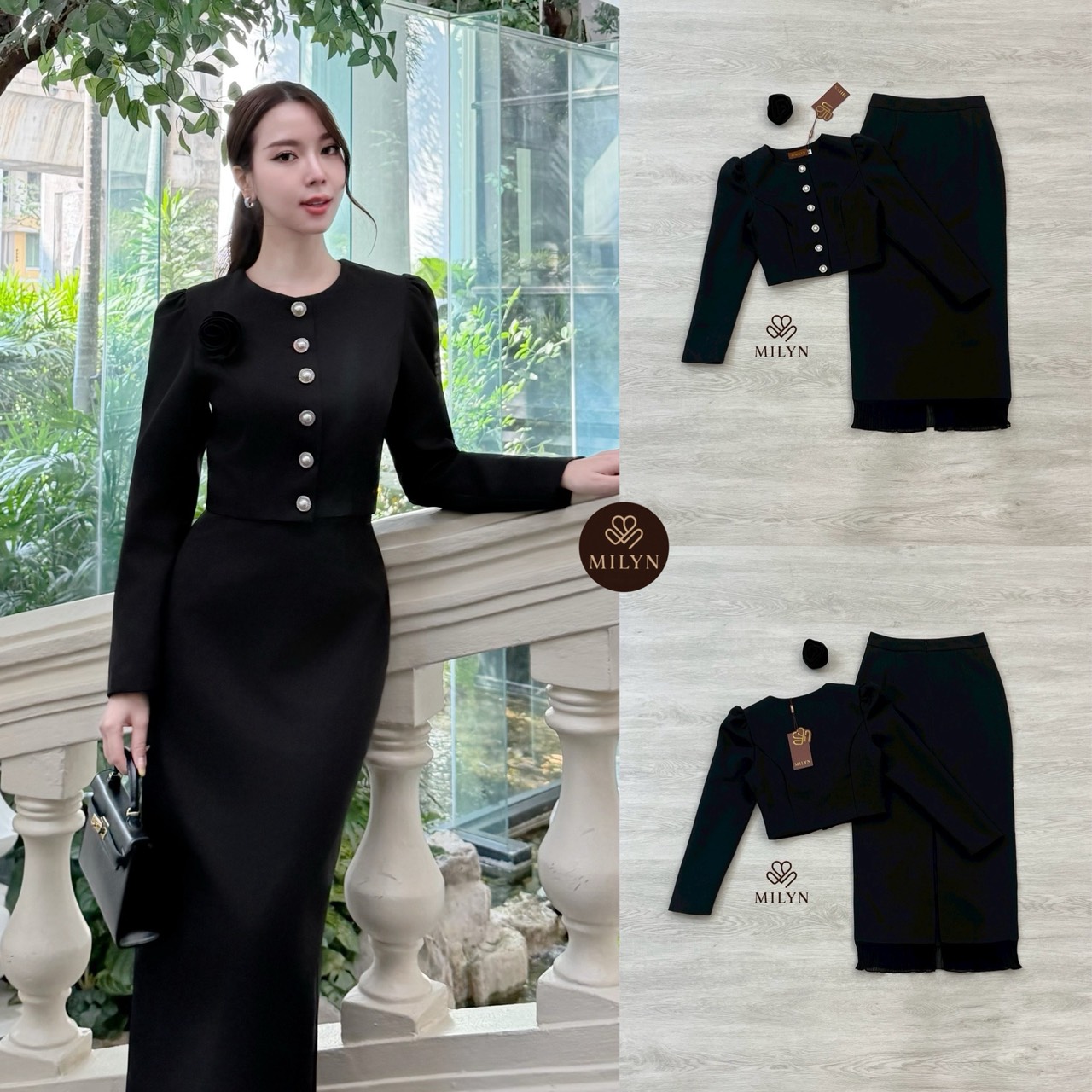 Set 2 ชิ้น เสื้อคอปแขนยาวสีดำแต่งด้วยกระดุมหน้าใช้งานได้จริง มาพร้อมกับกระโปรงยาวทรงเอแต่งระบายด้านล่างแหวกชายหลังชายกระโปรงซิปหลัง มาพร้อมกับเข็มกลัดดอกไม้สีดำใส่แมตช์กันกับชุดลงตัวดูดีมากค่ะ