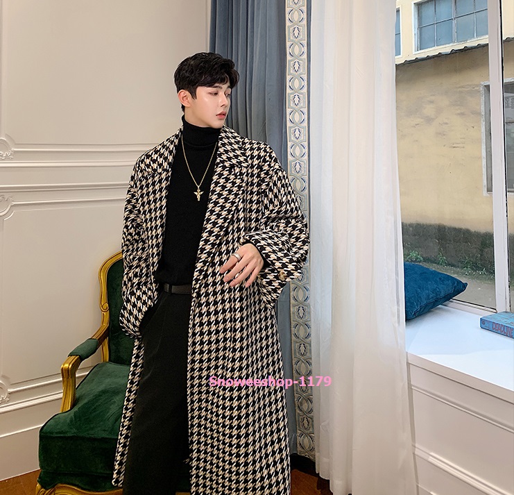 เสื้อโค้ทผู้ชายลายสก๊อต สไตส์วินเทจอังกฤษ ทรงโอเวอร์ไซส์ ผ้าวูลตัวยาวซับในหนาแต่งเข็มขัดเข้ารูป ขนาดรอบอกถึง 50 นิ้ว