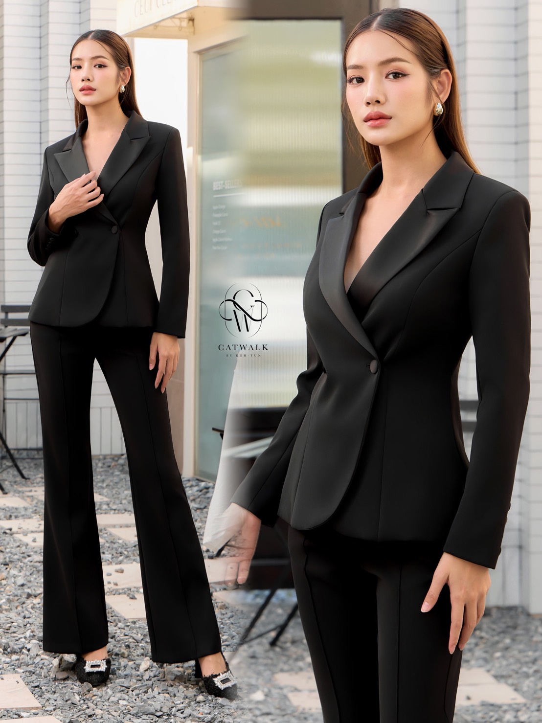 เซตสูทปกเลื่อม+กางเกงทรงสวย เนื้อผ้าเกรดเอ เนื้อนุ่มเป็นทรงใส่สบาย ตัวเสื้อสูทเป็นทรงเข้ารูป ช่วงปกใช้ผ้าเครปกึ่งเงา ใช้กระดุมปั๊มตามโทนสีชุด มาคู่กับกางเกงเอวสูงทรงขาม้า ใช้เนื้อผ้าเดียวกับตัวสูท มีกระเป๋าทั้ง 2 ข้างป้ายCATWALK BY KOH-TUN