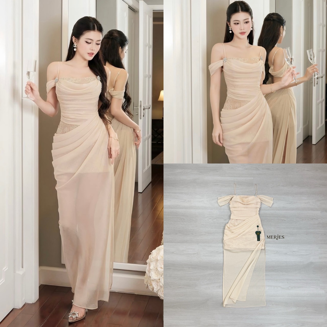 เดรสยาวสีครีมสายเดี่ยวแต่งแขนข้างมีกระดุมเพชรติดสายสองข้างดีเทลผ้าด้านในเป็นเดรสสั้นผ้าลูกไม้ปักเลื่อมทรงเข้ารูปด้านนอกเย็บด้วยผ้าพริ้วสีครีมเนื้อดีมากอกมีฟองน้ำเสริม กระโปรงผ่าช่วงข้างใส่สวยมาก ใครหาชุดออกงานอยู่แนะนำเลยคะ