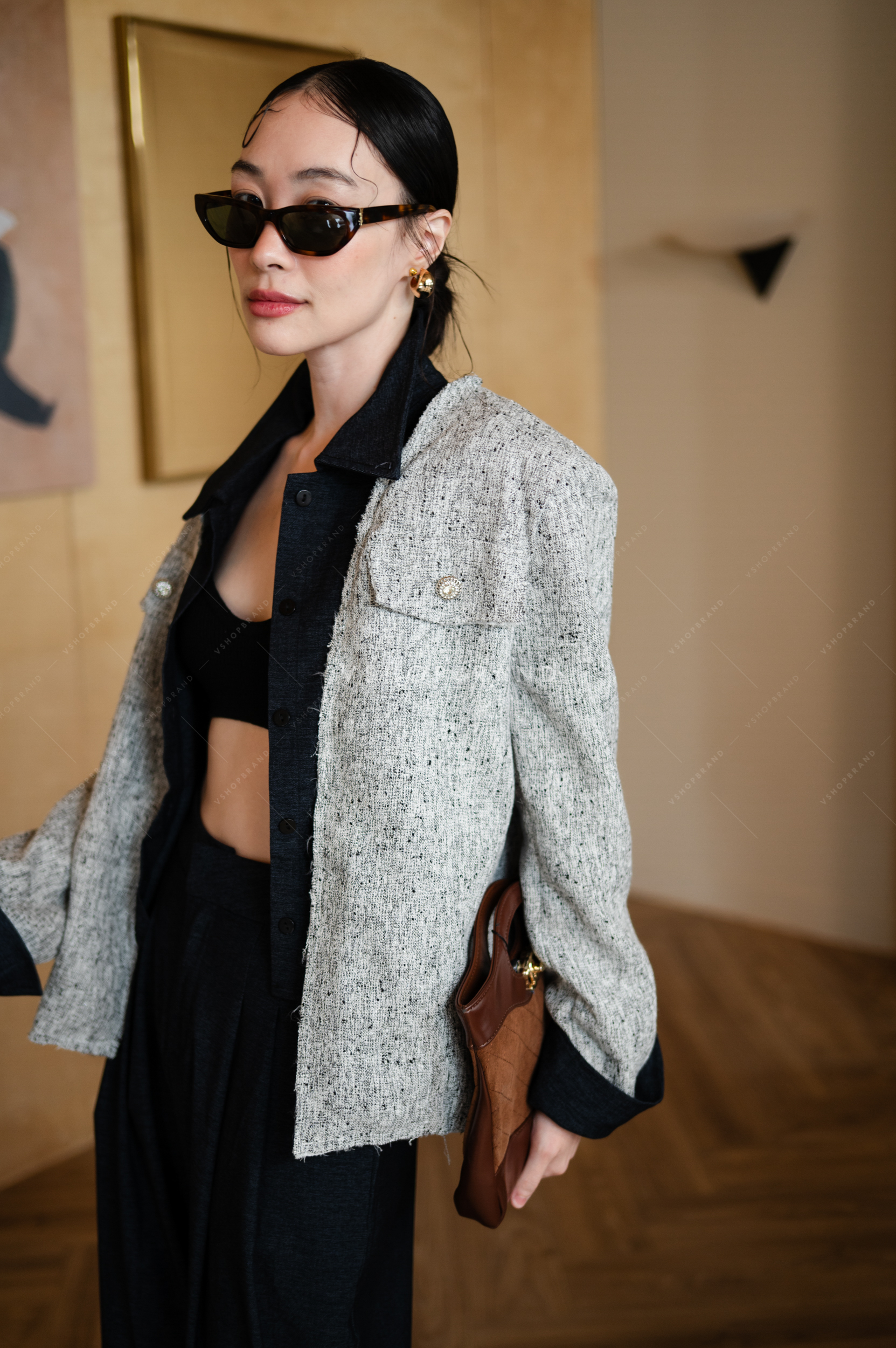 Set เสื้อแขนยาวผ้าทอต่อเชิ้ตด้านใน + กางเกงขายาว