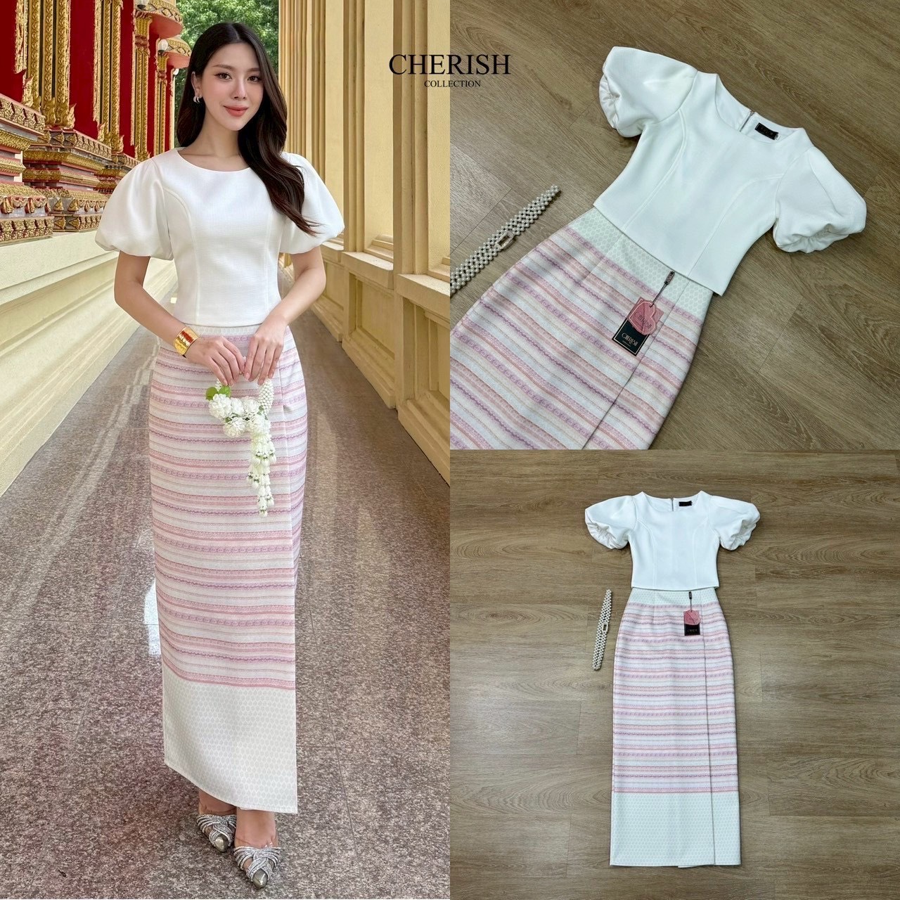 ชุดไทยที่เรียบหรูดูแพง ด้วยชุดนี้ ตัวเสื้อคอกลม แขนตุ๊กตาตัวผ้าถุงเอวสูงลายทางขวางสีชมพูม่วงสลับกันอย่างสวยงามซิบหลัง กระโปรงผ่าหลังไม่เกินงาม เดินสะดวกพร้อมซับในครึ่งตัว แถมเข็มขัดมุก ชุดงามอย่างไทยใจดี ต้องมีนะคะ🌸