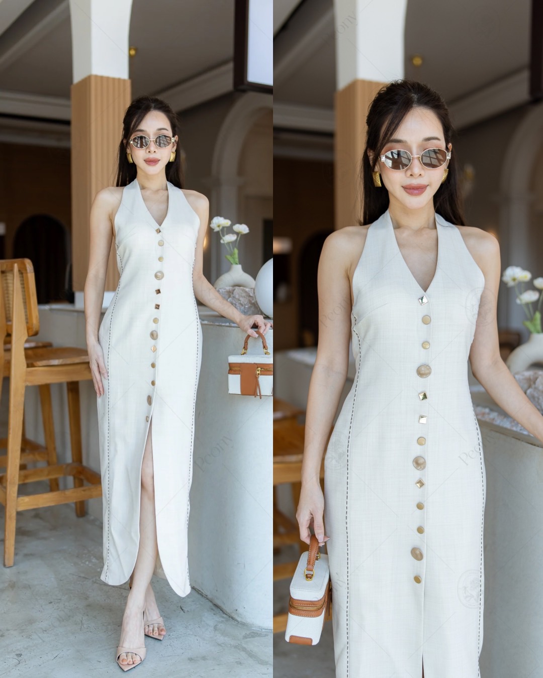 เดรสยาว เดรสคล้องคอ เดรสออกงาน เดรสสีครีม เดรสคล้องคอ ใส่สวยมากก เนื้อผ้าทอแน่น มีลายทอในตัว อกบุฟองน้ำ ดีเทลโดดเด่น เดินด้าย และประดับกระดุม