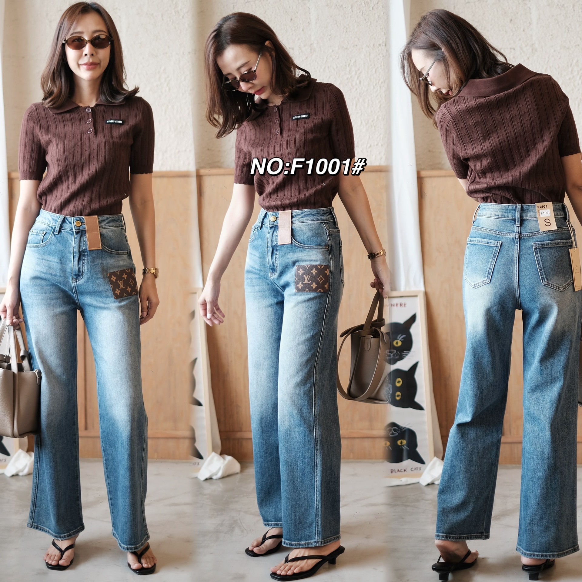 No.RGF1001# กางเกงยีนรุ่นนี้เป็นพิเศษ ขอกรี๊ดก่อนเลย (ผ้ายืดคะ)งานสวยจริงๆ ไม่ว่าเนื้อผ้า ทั้งสีและทรง สวยไปหมดเลยค่า ผ้านิ่มมากๆๆ กางเกงยีนส์ขากระบอก ทรงเอวสูงงงง ดีเทลเย็บป้ายหนังLVที่ตรงกระเป๋าหน้า ดูแพงสุดๆ สไตล์เก๋ๆ ใส่สบายสุดๆใส่แล้วดูเพรียวสูง