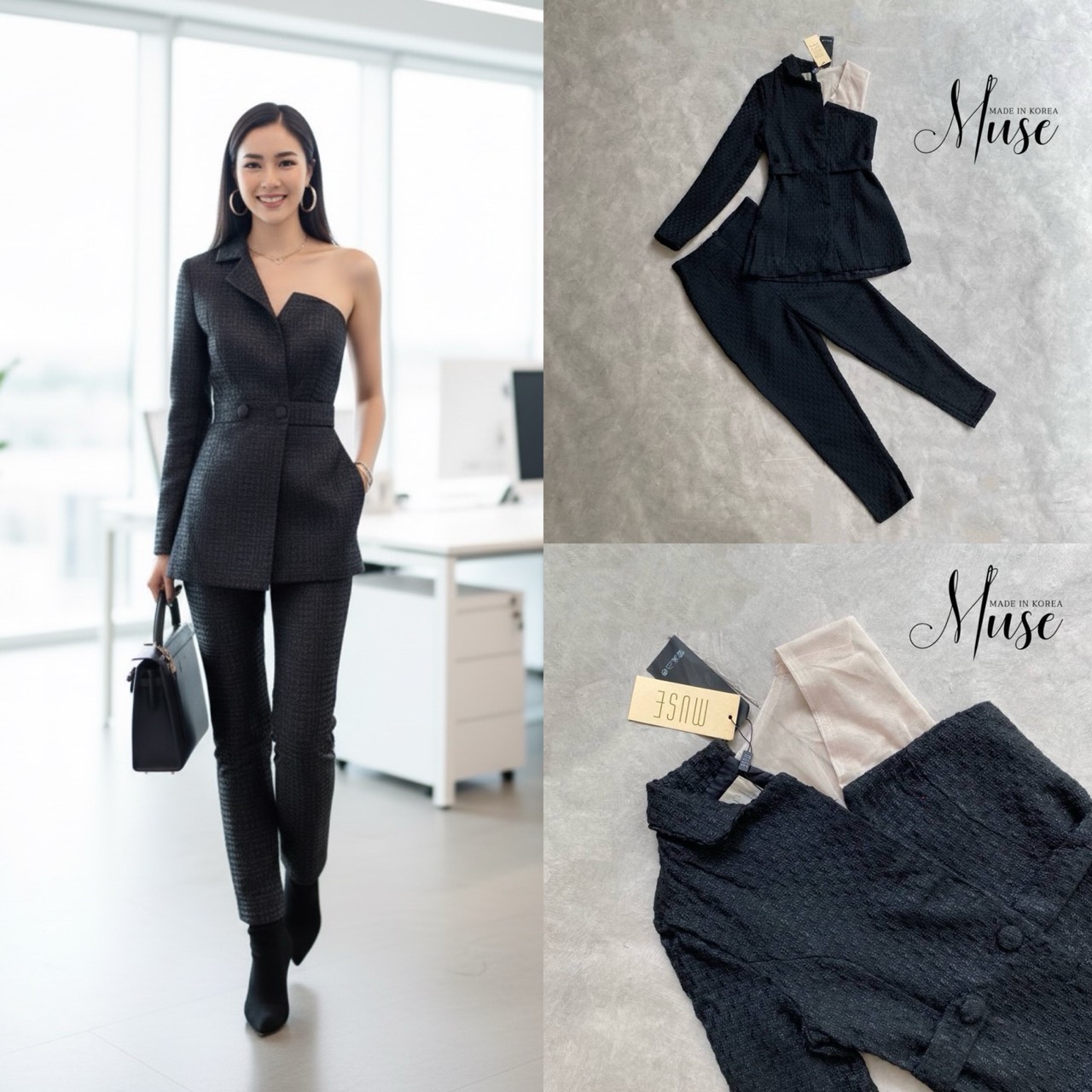 เซ็ตเสื้อสูททรงเปิดไหล่เดียวผ้าทอสีดำช่วงอกร้ารทำซีทรูเพิ่มมาให้ ใาคู่กับกางเกงขายาวเข้าเซ็ต ดีไซน์สวย หรู old money ดูแกรมมากๆค่า ต้องมีเลยค่า