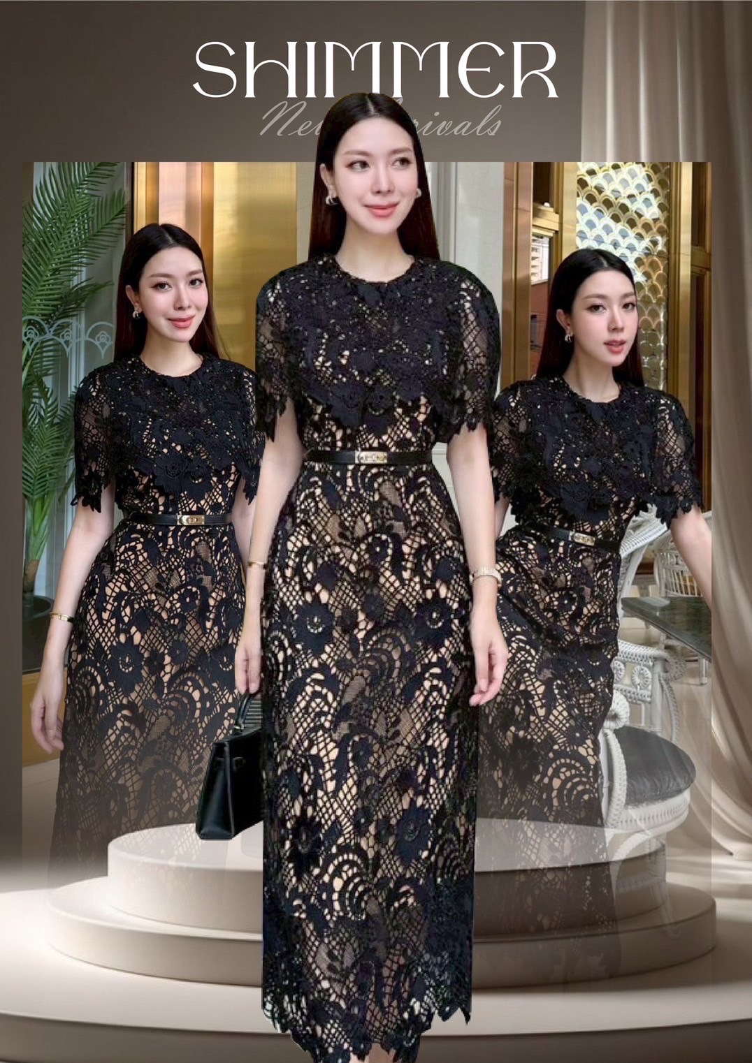 มิดิเดรสลูกไม้ทอลายแน่นสวยคลาสสิค แพทเทิร์นเข้ารูปตัดกับซับในสีคาราเมลเพิ่มความโดดเด่นให้กับตัวเดรส งานซิปหลัง มาพร้อมเข็มขัดเข้าเซต ให้ลุคสวยหวานในดีไซน์สุภาพ